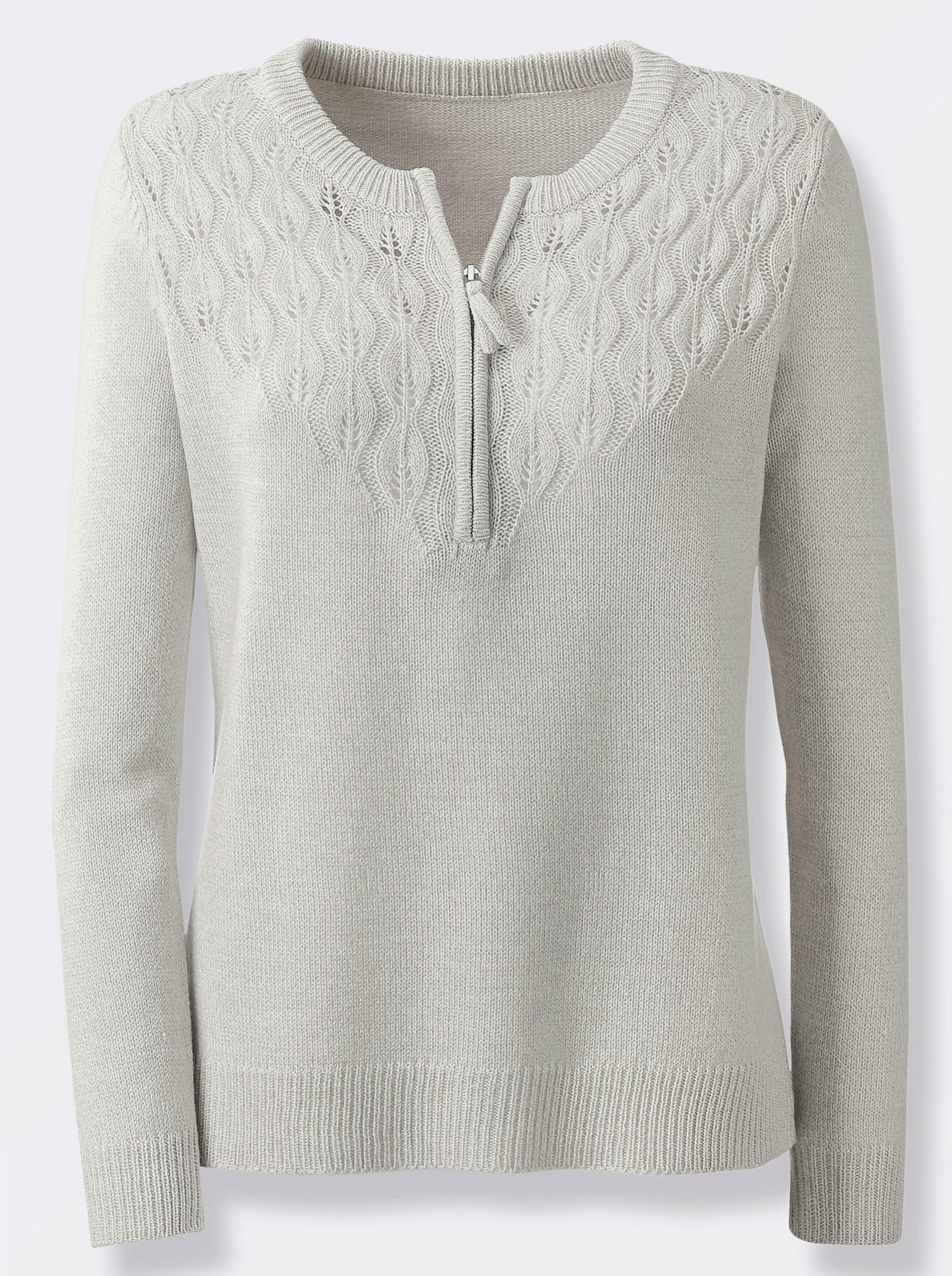 Rundhalspullover mit kurzem Reißverschluss - hellgrau-meliert