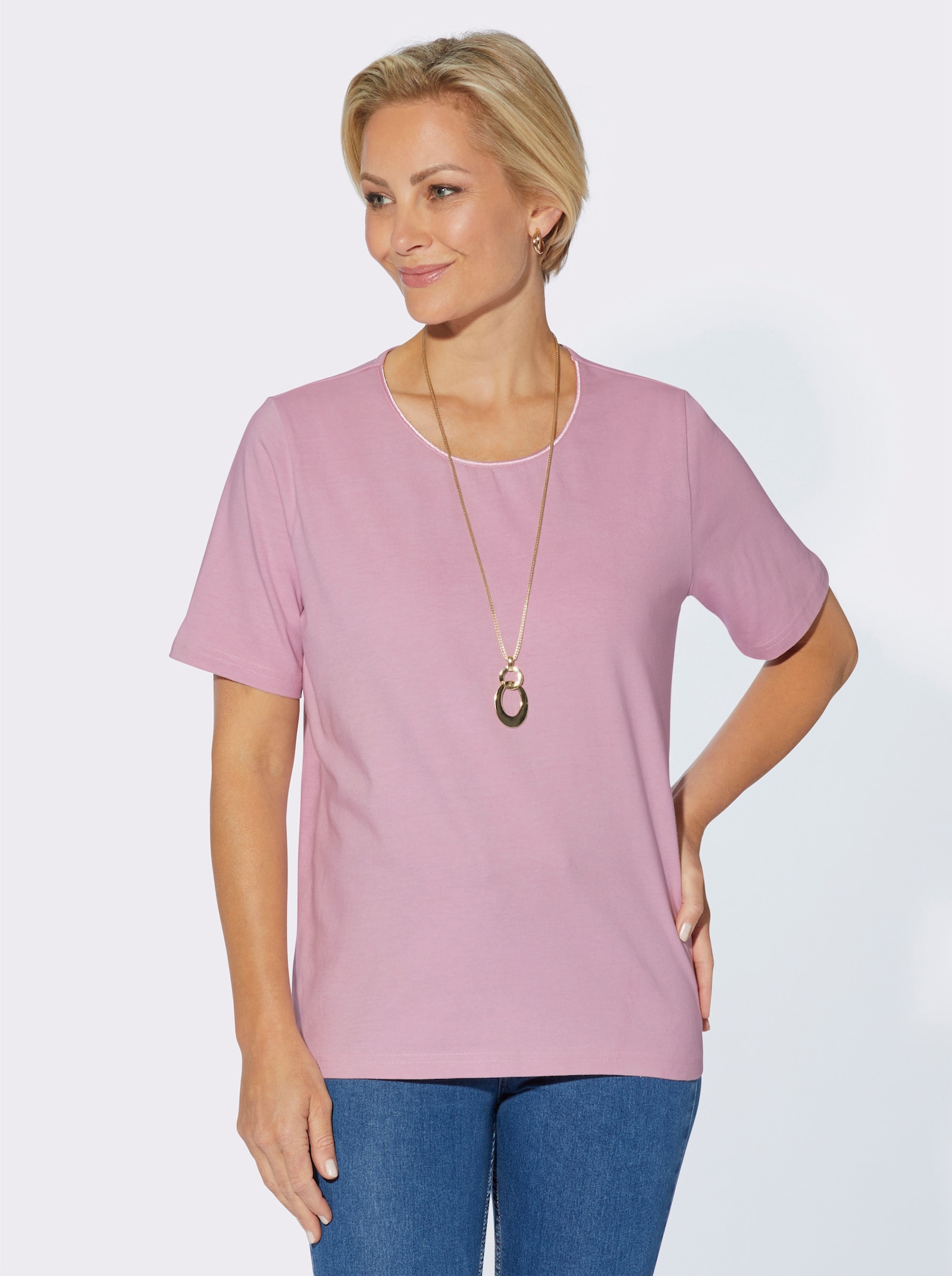 Rundhalsshirt mit Satin-Paspelierung - rosé