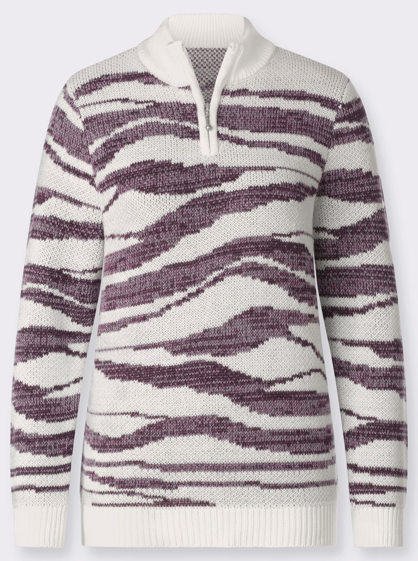 Jacquard-Pullover mit Stehkragen - ecru-violett-gemustert