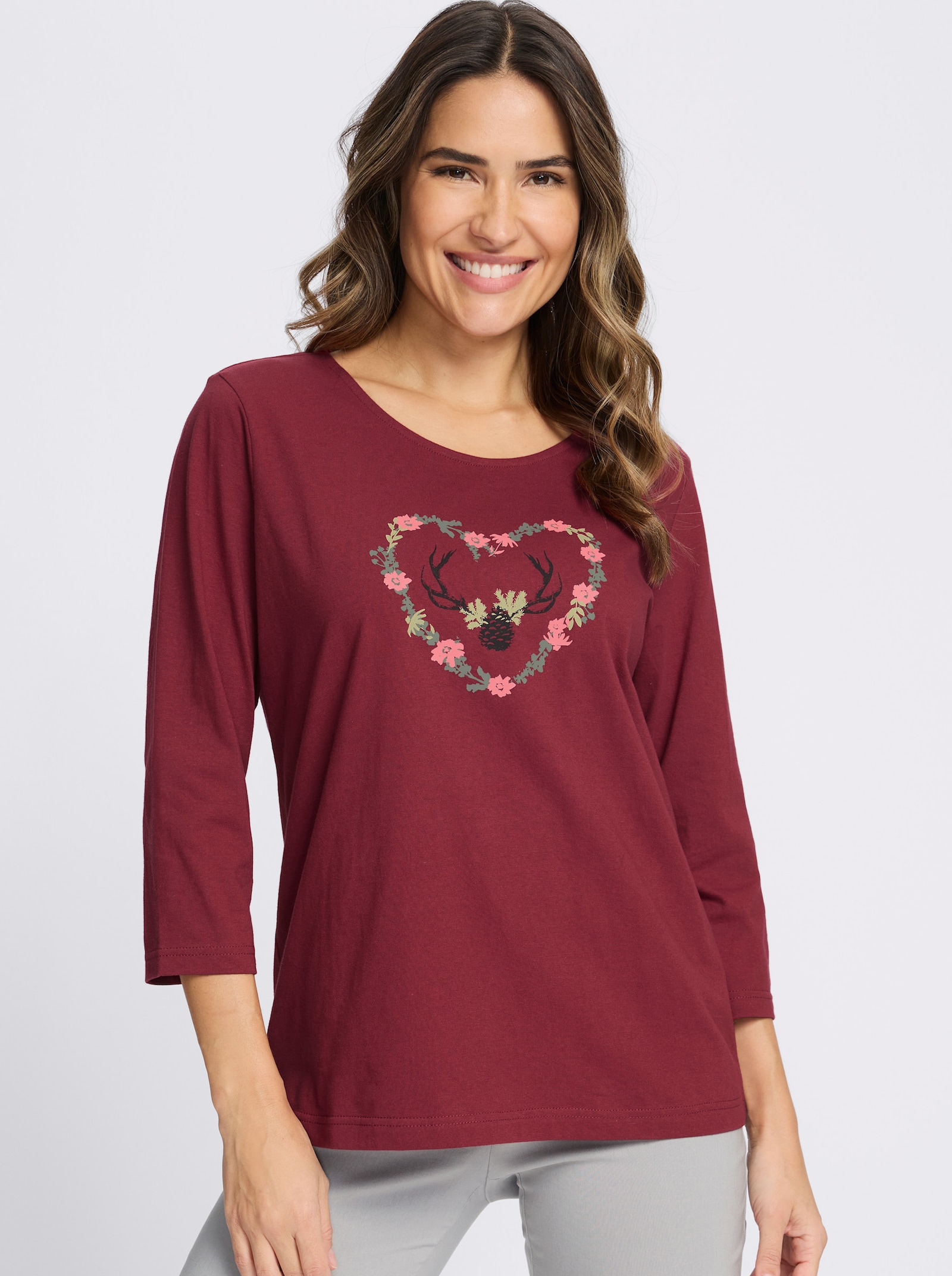 3/4-Arm-Shirt mit platziertem Druck - dunkelrot-flamingo