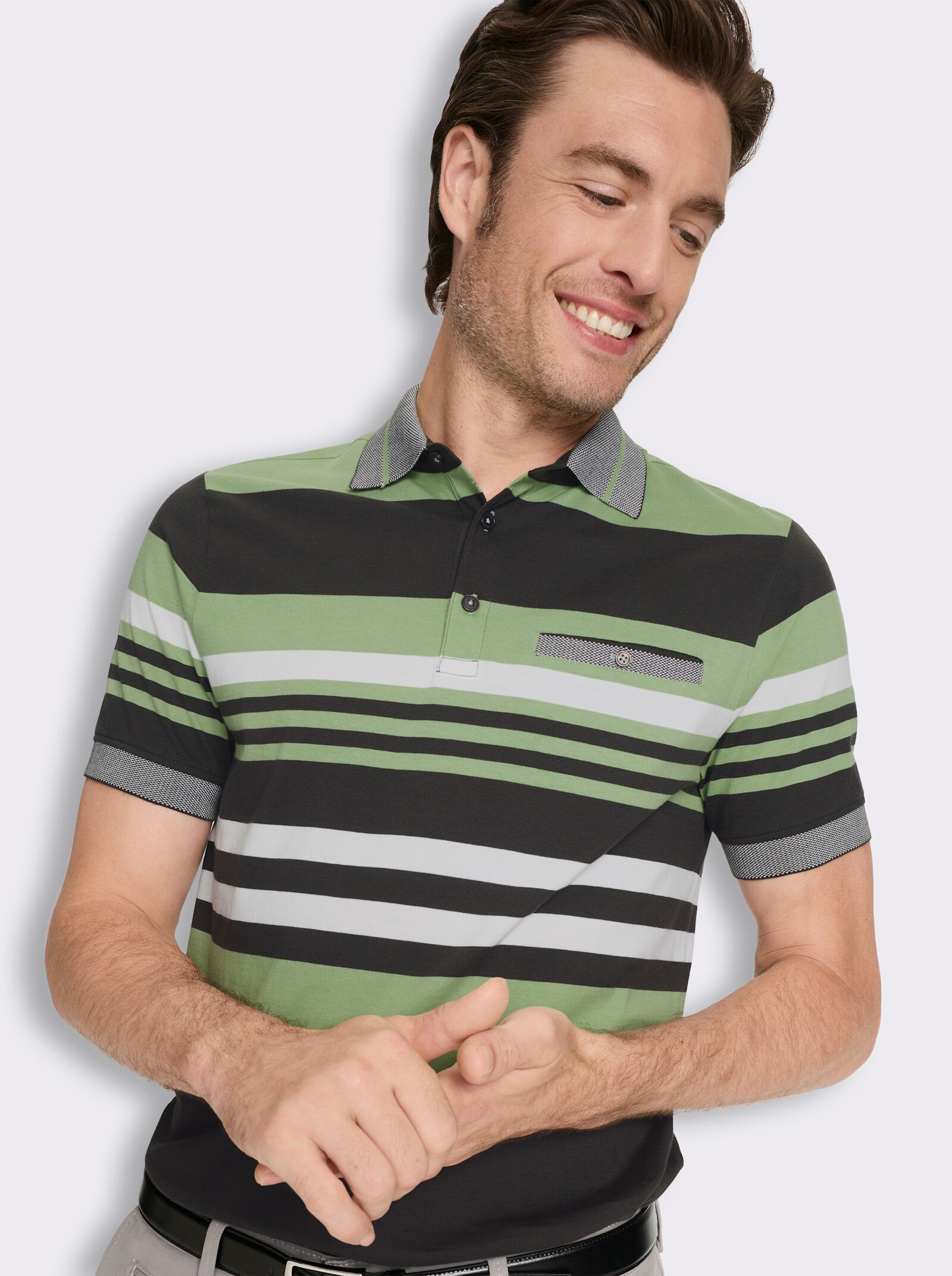 Marco Donati Kurzarmshirt mit knöpfbarer Brusttasche - ecru-eucalyptus-gestreift