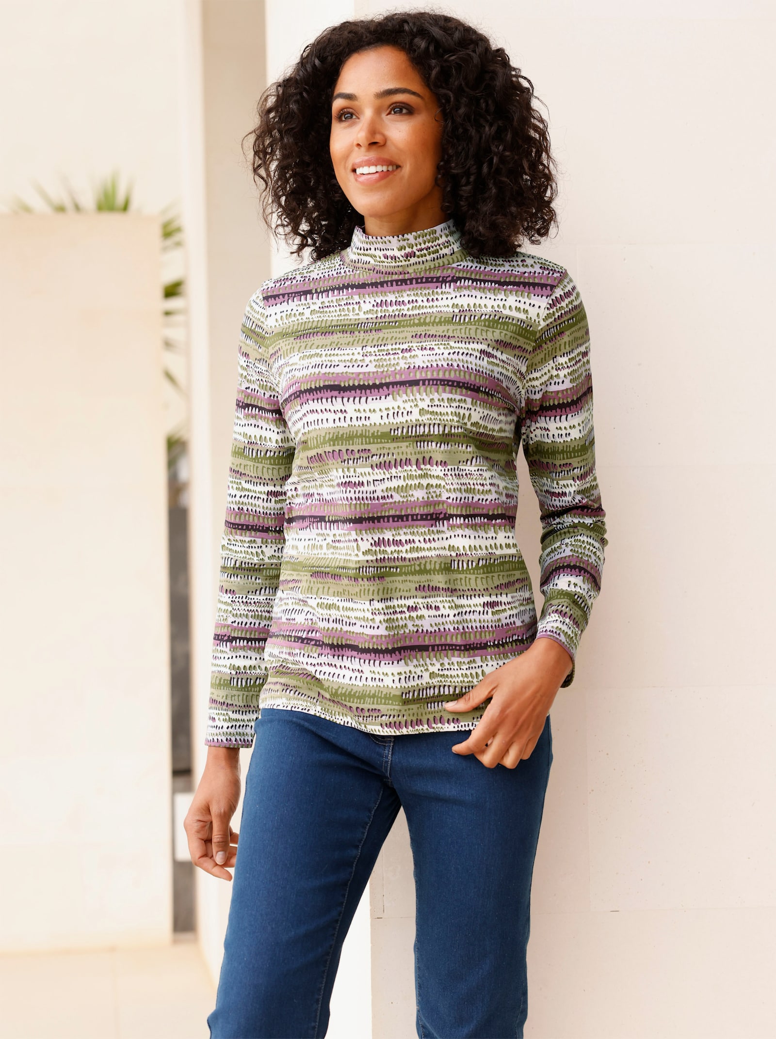 Stehkragenshirt mit farbharmonischen Streifen - oliv-aubergine-bedruckt