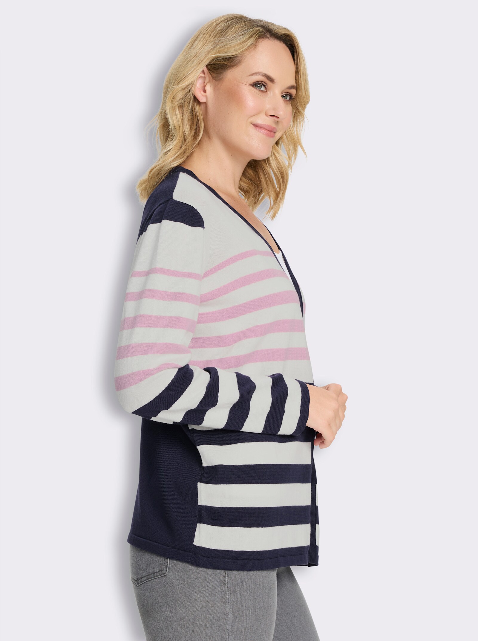 Cardigan in offener Form, reine Baumwolle - rosé-marine-geringelt