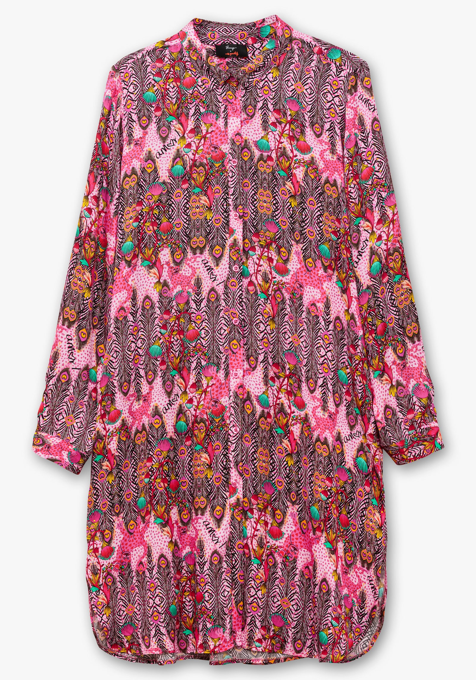 sheego loves miss goodlife Longbluse aus Viskose-Satin, im Mustermix - pink gemustert