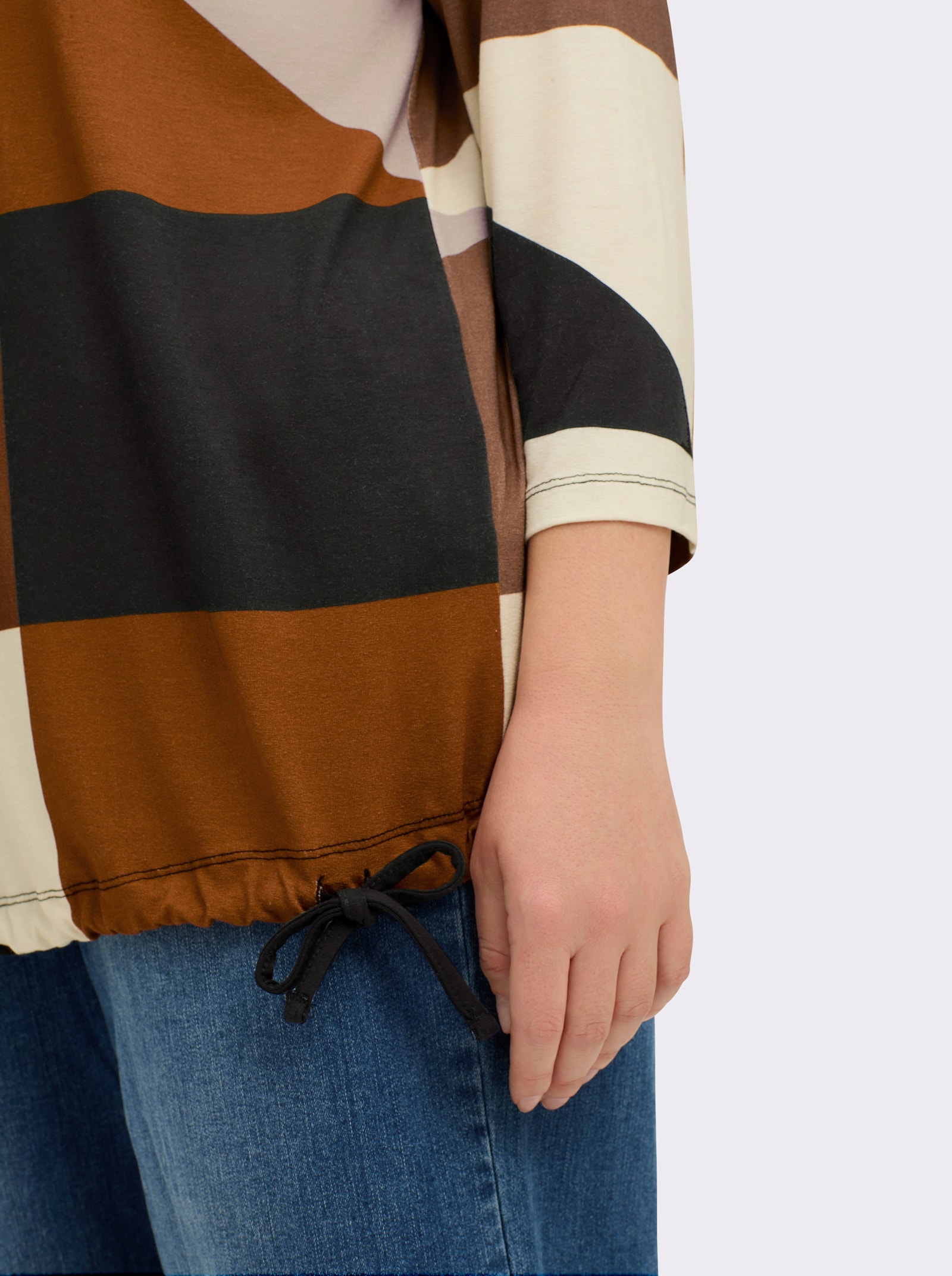 3/4-Arm-Shirt mit Tunnelzug am Saum - champagner-cognac-bedruckt