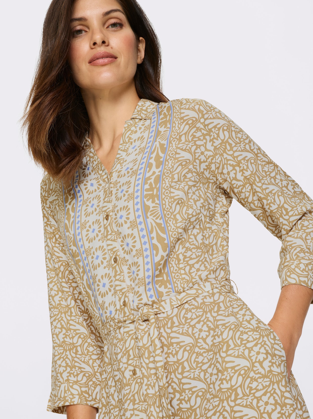 Druckkleid - ecru-camel-bedruckt