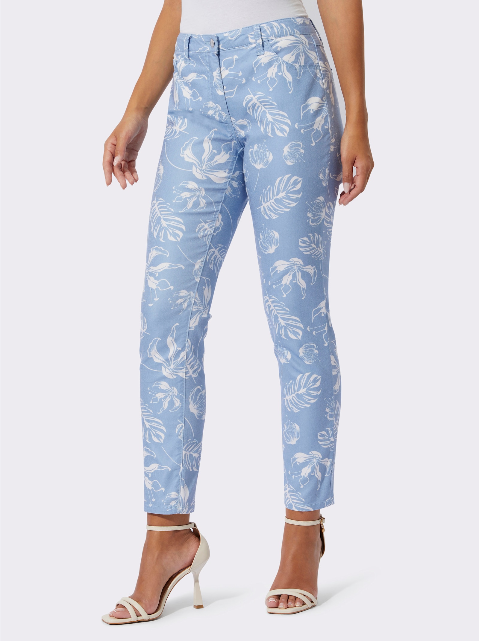 Jean 5 poches avec imprimé feuilles - bleu glacier-couleur ivoire imprimé