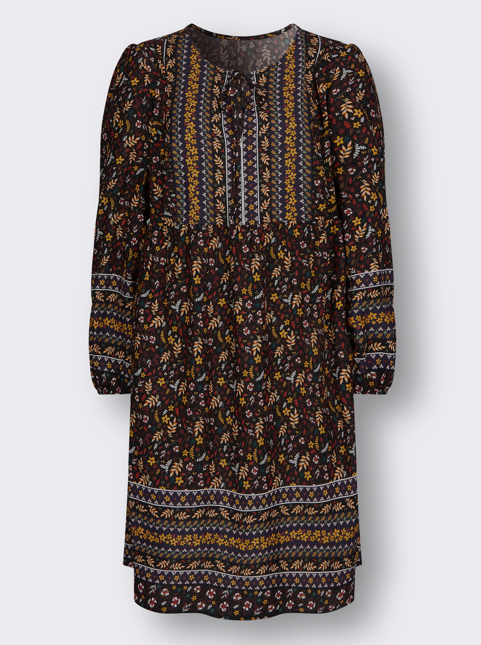 Druckkleid mit Bordüren-Dessin - schwarz-rotbraun-bedruckt