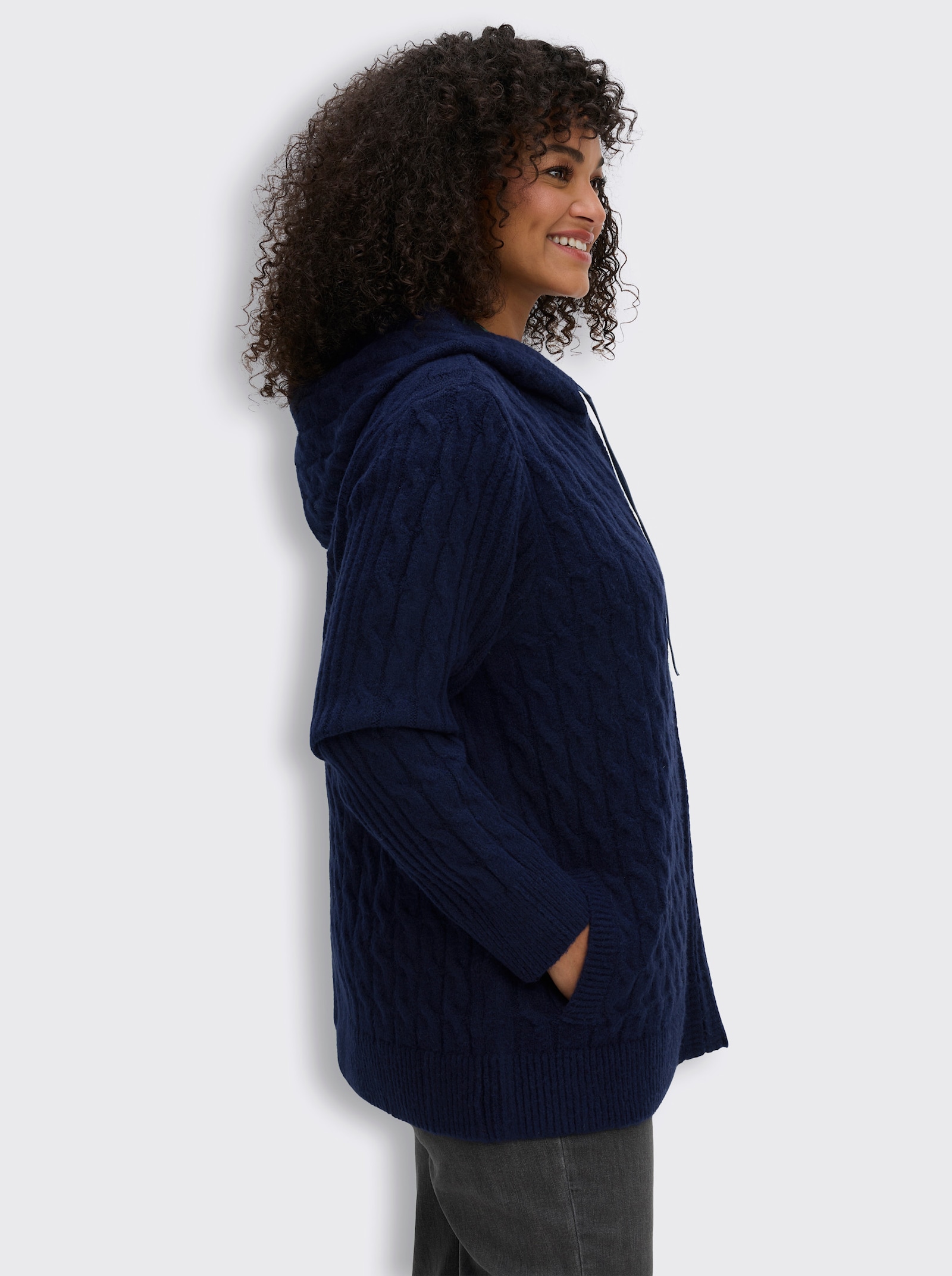 sheego by Joe Browns Strickjacke mit floralem Kapuzenfutter - marine-jeansblau-meliert