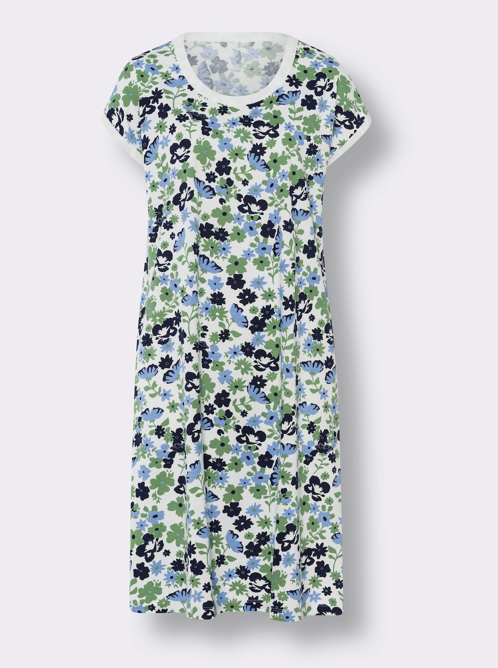 Noční košile ve střihu mírně do A, květovaná - ecru-eukalyptová-potisk