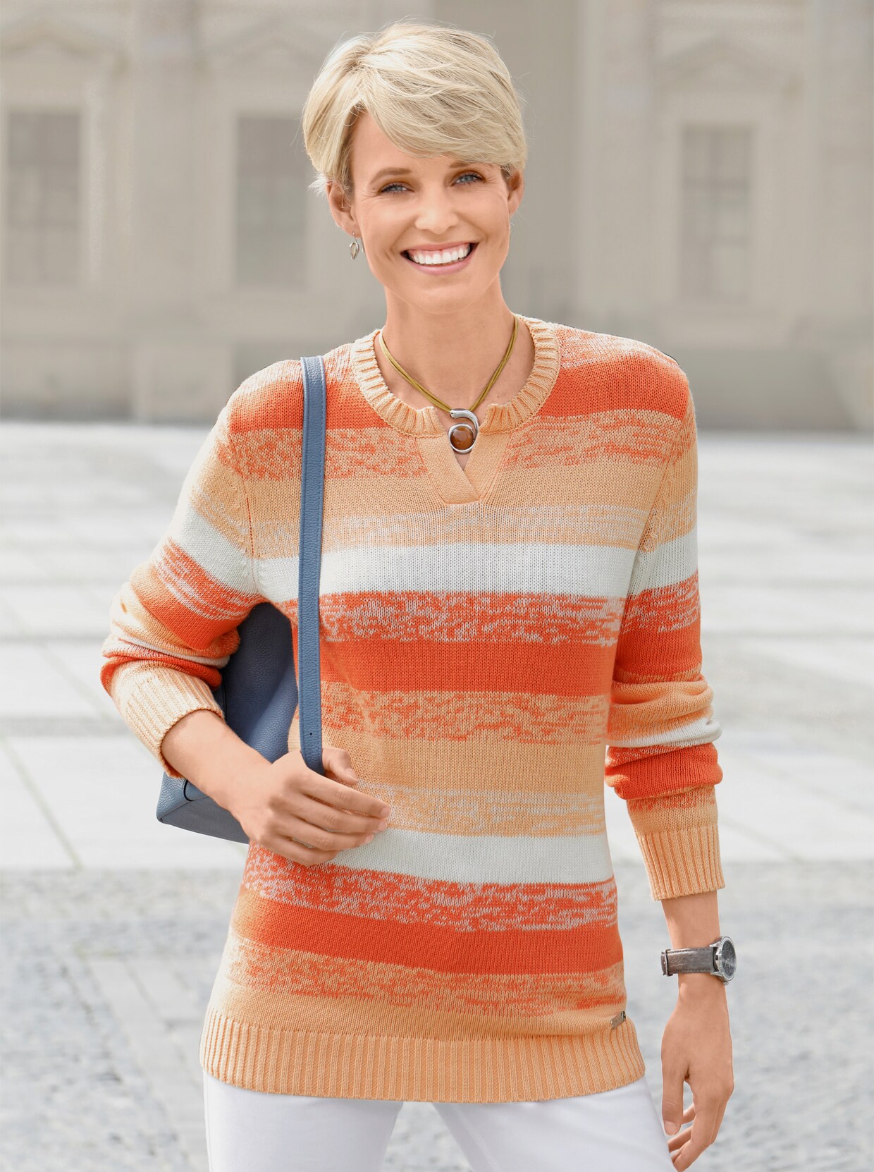 Streifenpullover - apricot-mandarine-gestreift