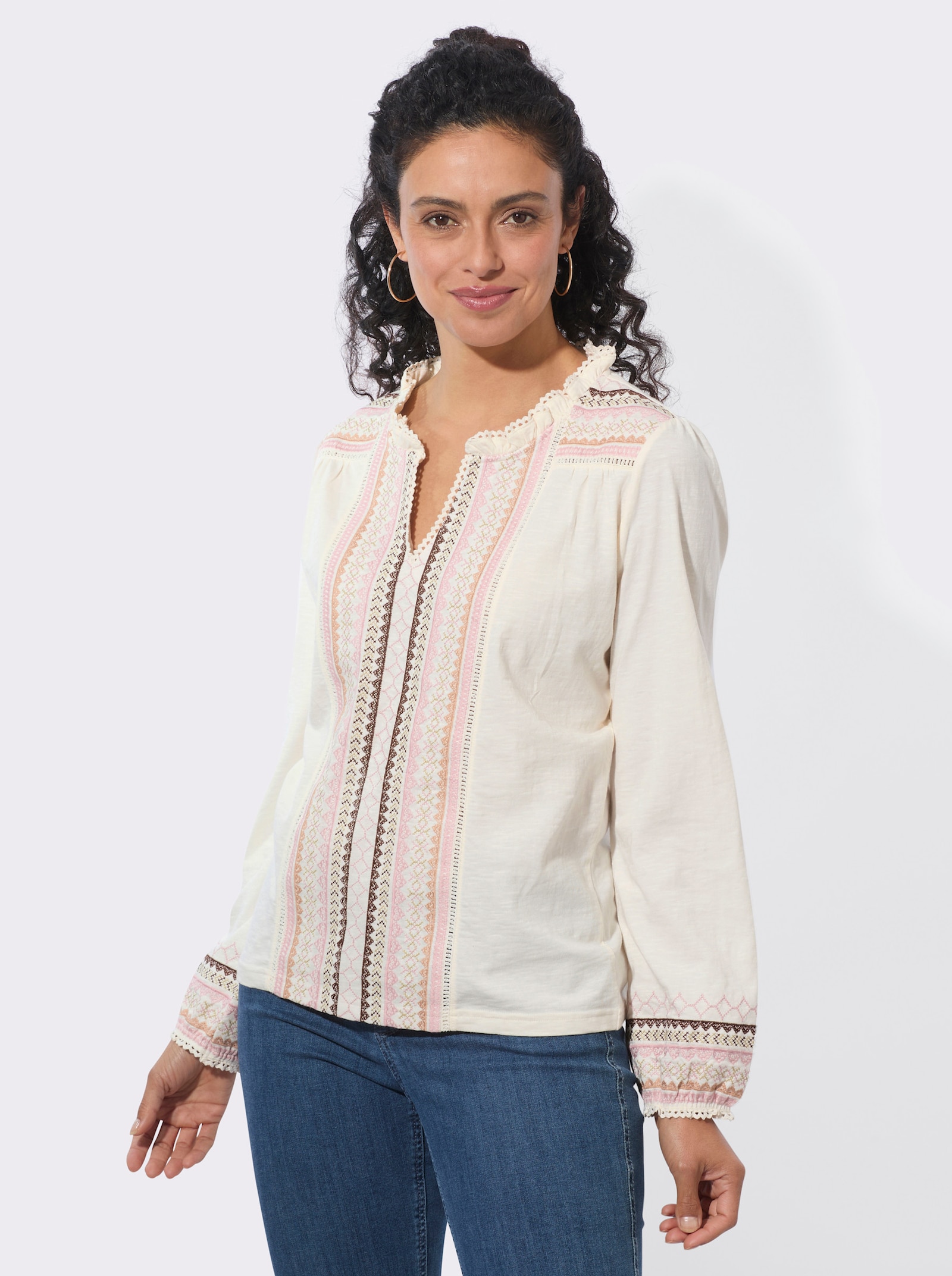 Langarmshirt mitmehrfarbiger Bordüre - champagner