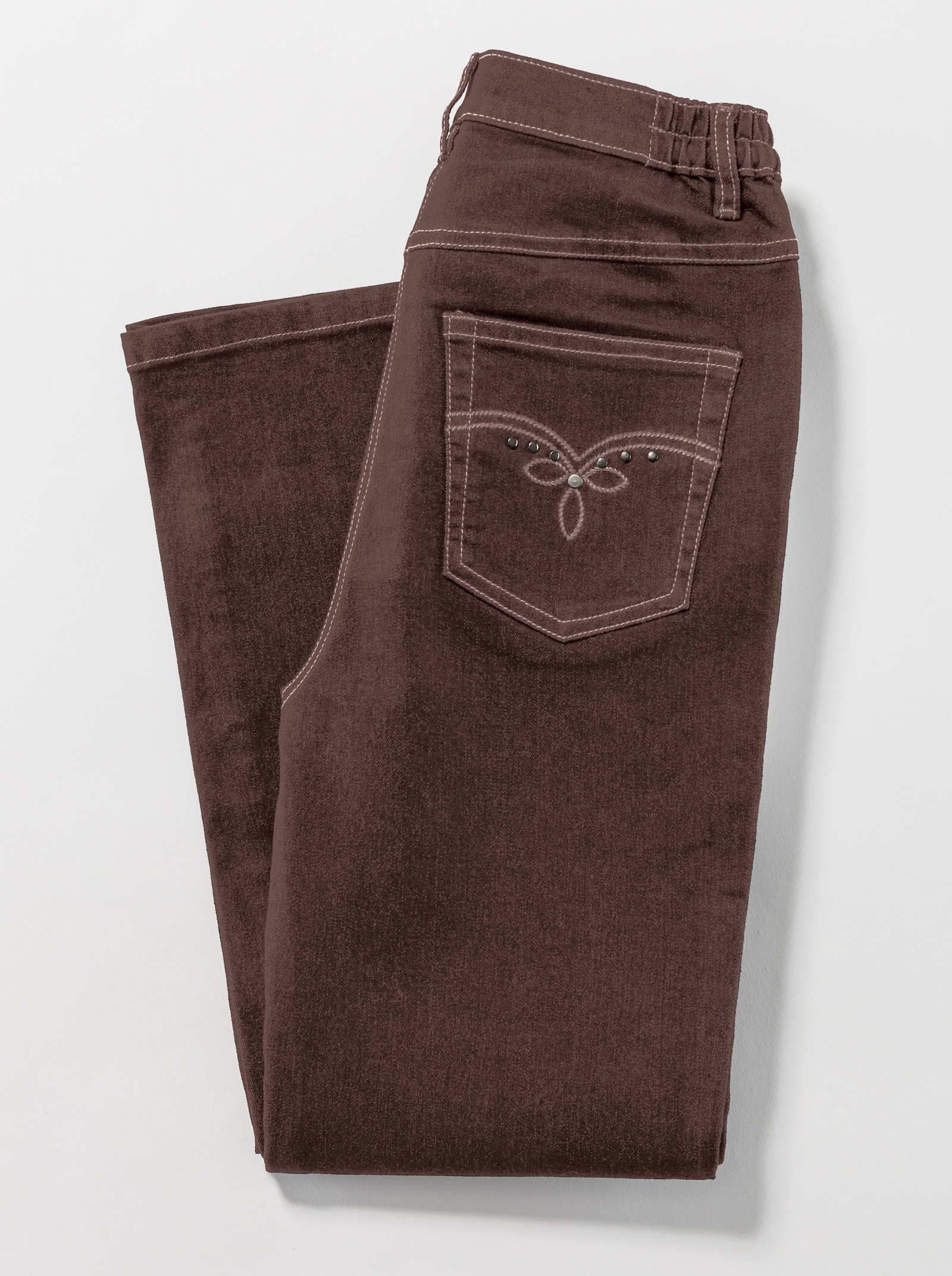 5-pocketjeans met geborduurd motief - chocolade