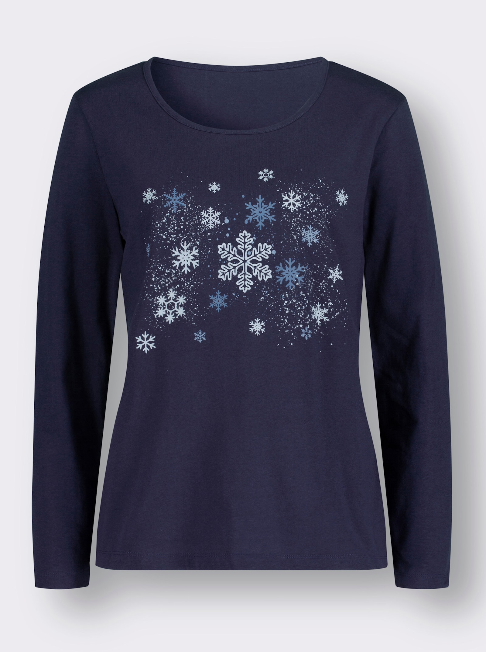 Langarmshirt mit Schneeflocken-Druck - nachtblau-eisblau