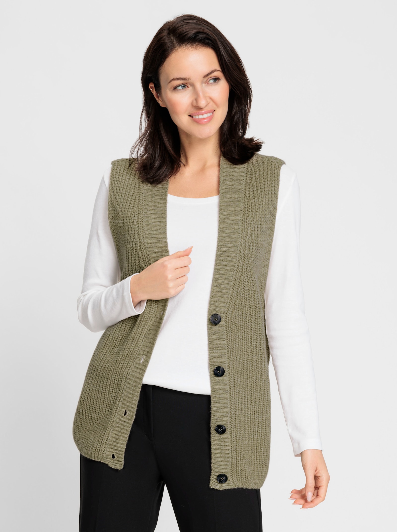 Mouwloos vest met knopen in houtlook - leem
