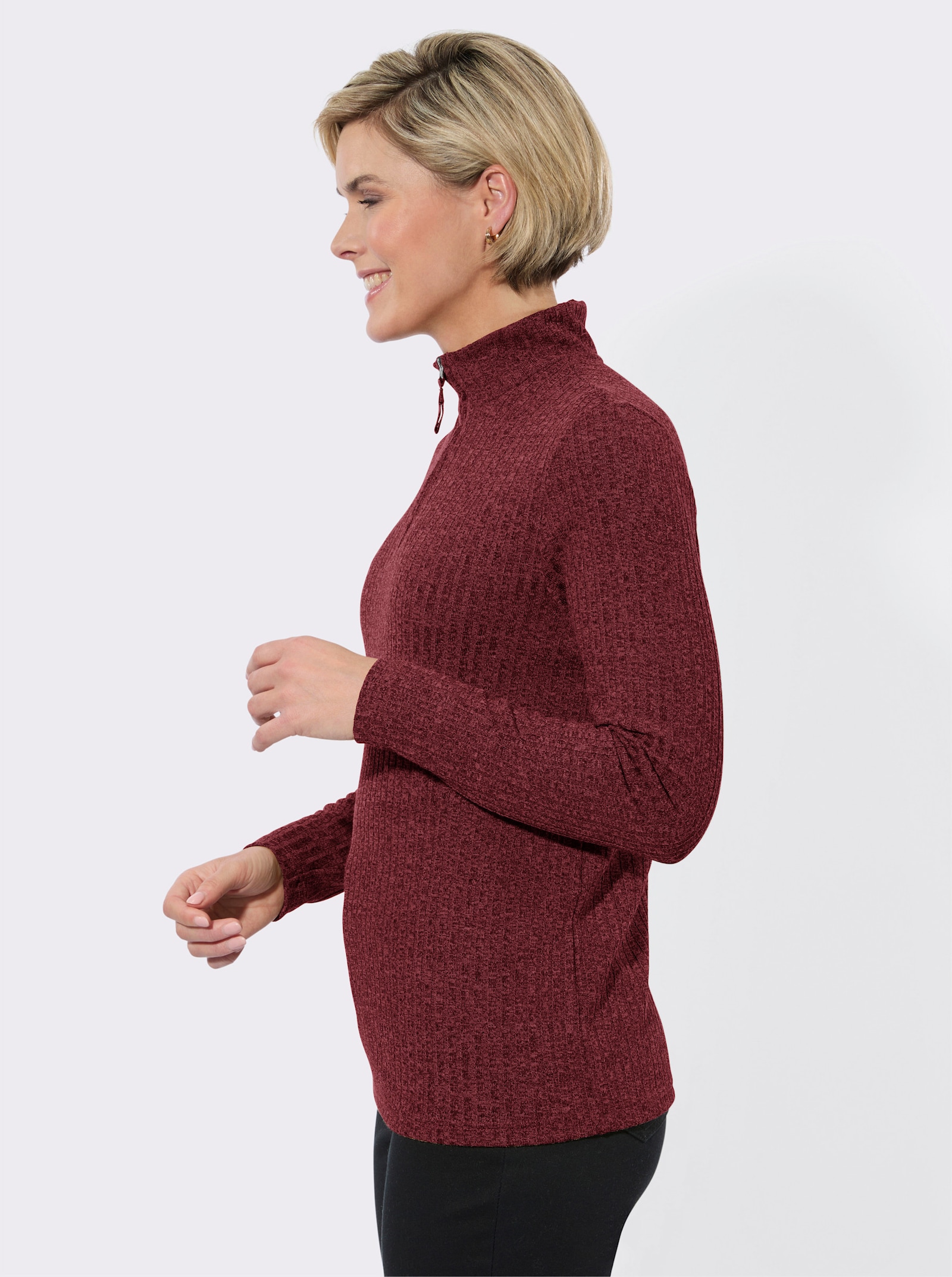 Rippshirt mit Troyerkragen - dunkelrot-meliert