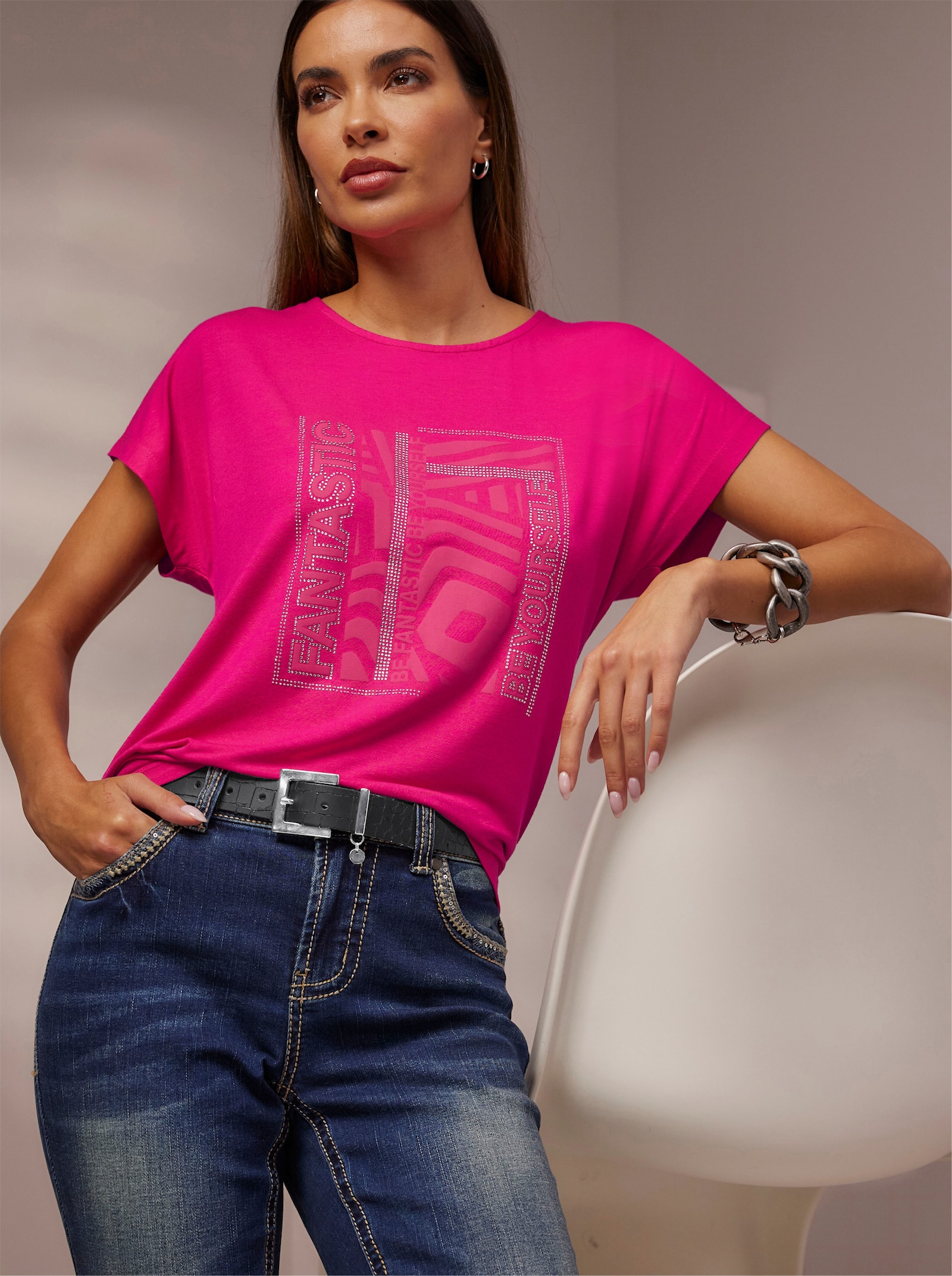 heine Shirt met ronde hals en glittersteentjes - pink