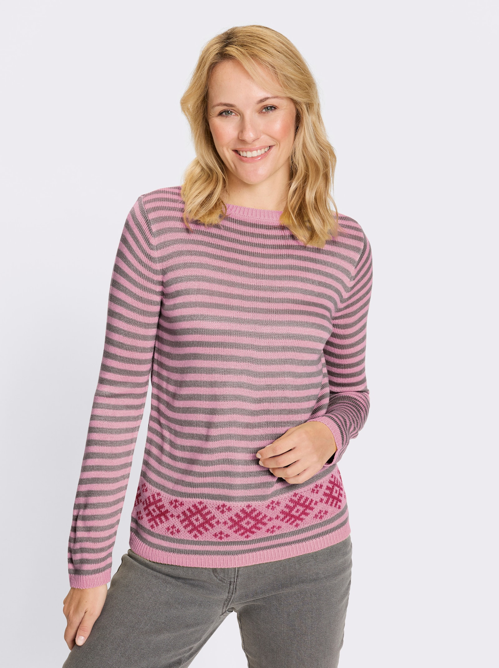 Langarm-Pullover im Streifen-Norweger-Mix - rosé-magenta-gemustert