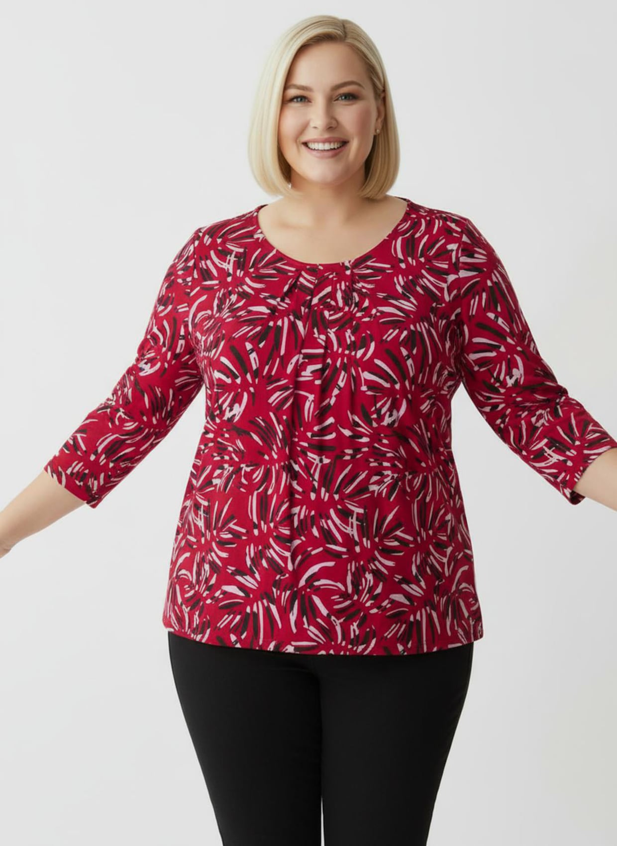 Druckbluse in Schlupfform - rot-graphit-bedruckt