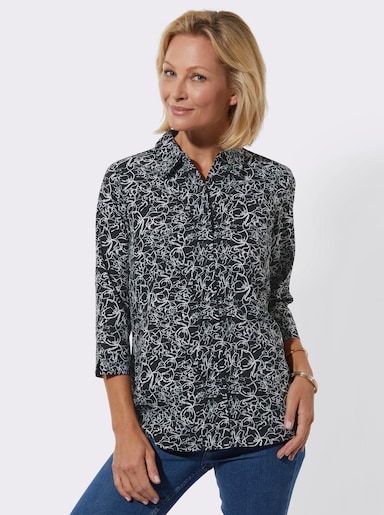 Hemdbluse im Blütendessin - schwarz-weiß-bedruckt