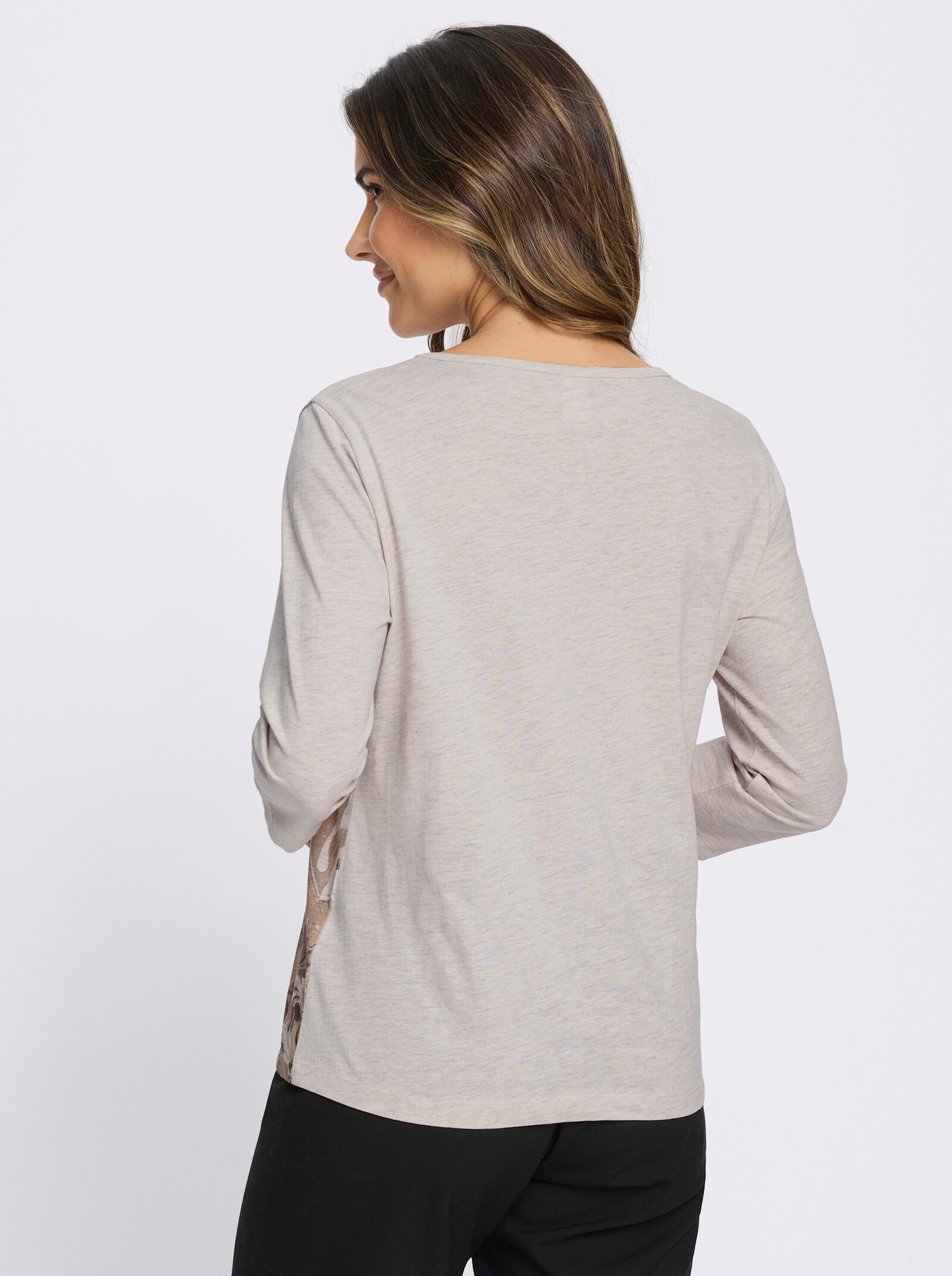 Rundhalsshirt in Melange-Optik, Baumwoll-Qualität - beige-meliert-sesam-bedruckt