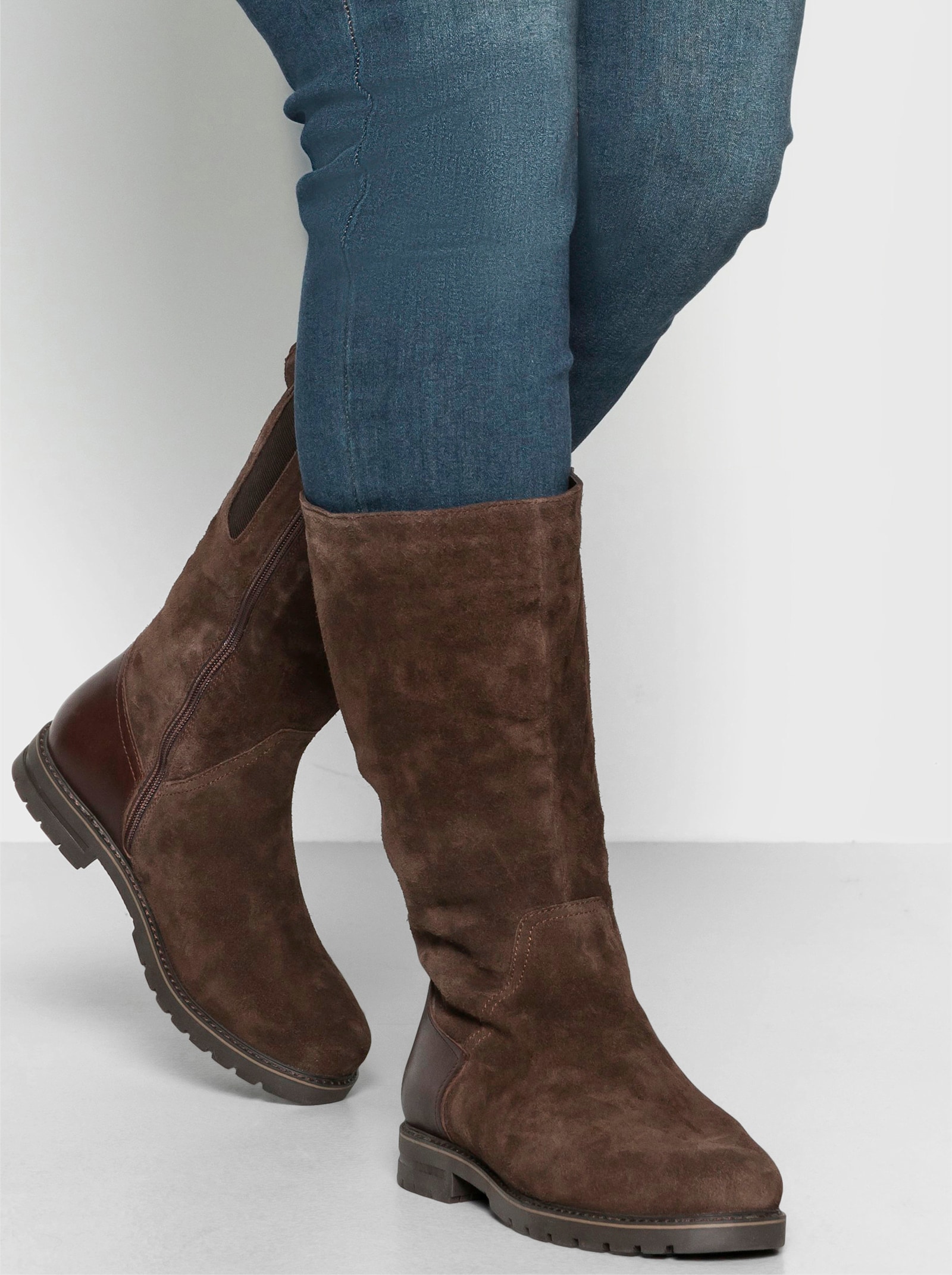 sheego Weitschaftstiefel aus Leder mit Fellimitat - braun