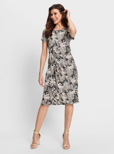 Jerseykleid in Wickeloptik - grau-ecru-bedruckt