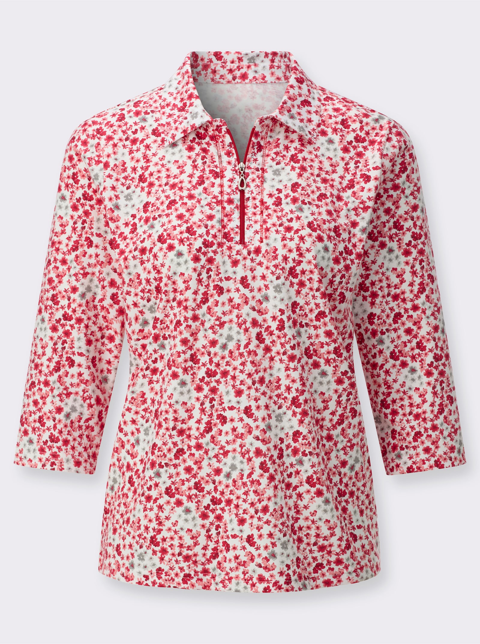 Poloshirt mit Glitzersteinchen - rot-ecru-bedruckt