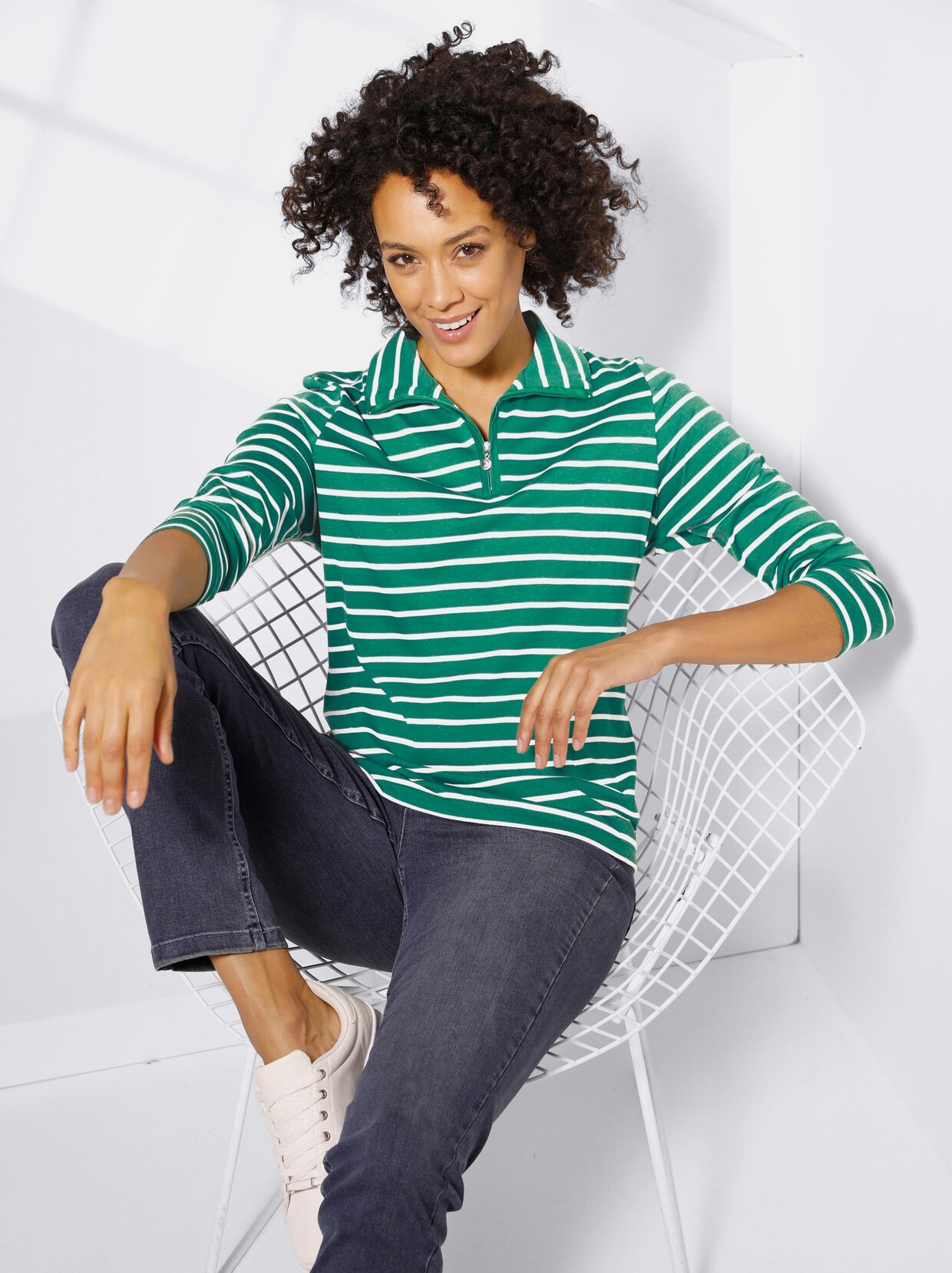 Creation L Premium Pima-Baumwoll-Shirt - grün-geringelt