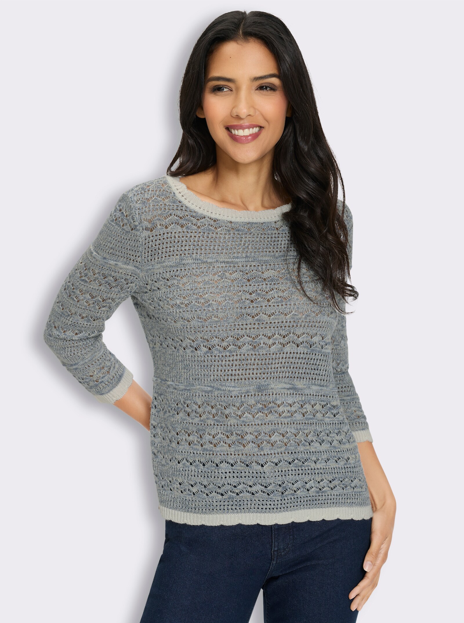 3/4-Arm-Pullover mit gewellten Abschlüssen - ecru-rauchblau-gemustert