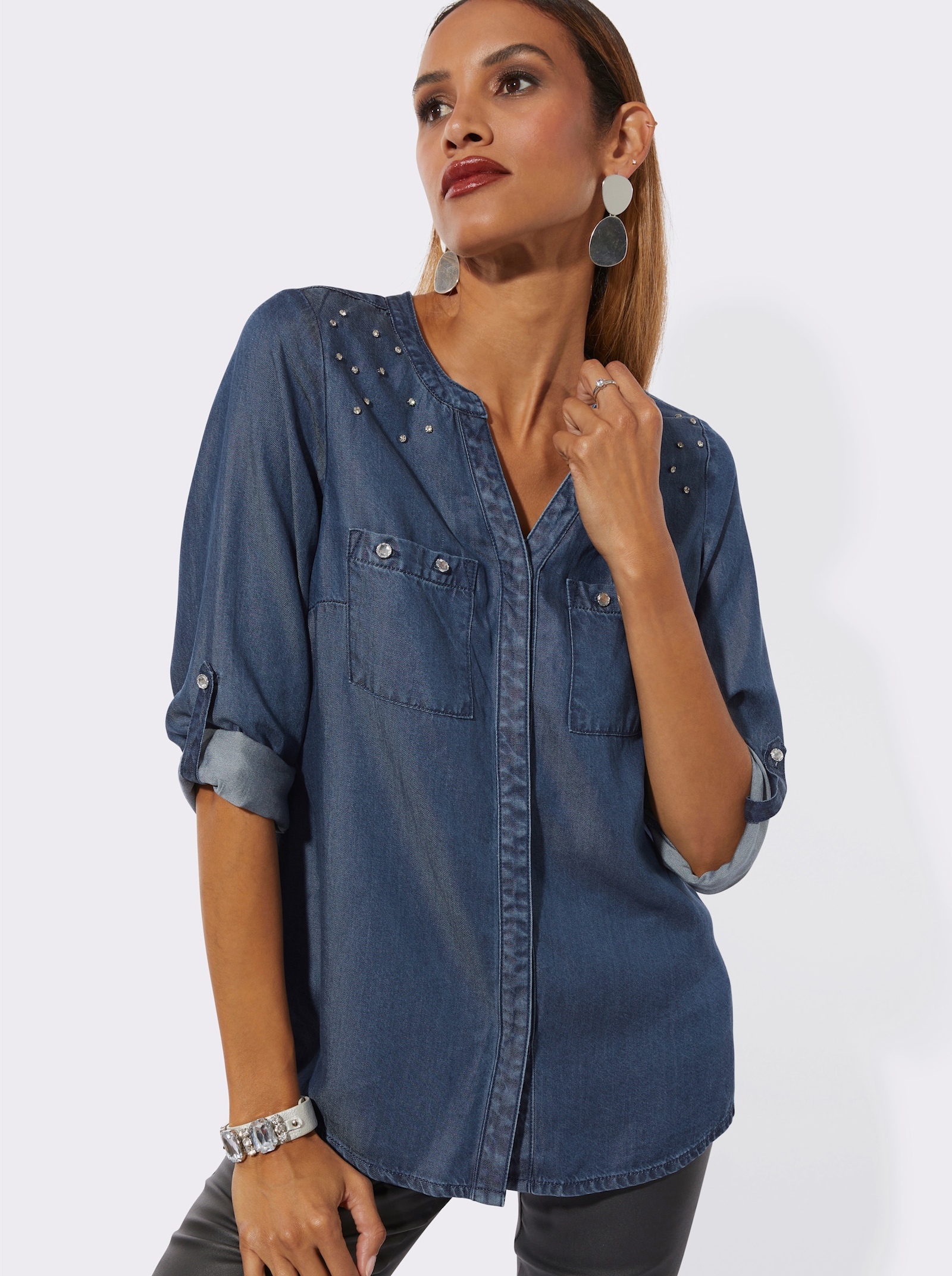 Langarm-Bluse aus Lyocell - blue-bleached