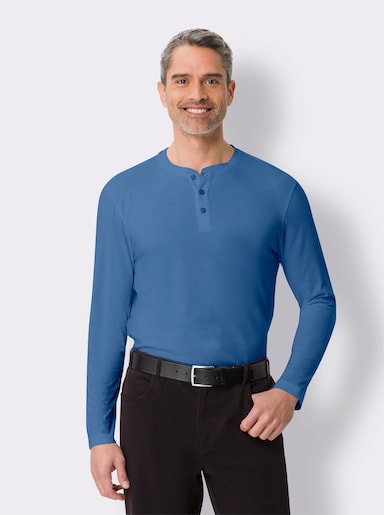 Langarmshirt mit Knopfleiste - mittelblau