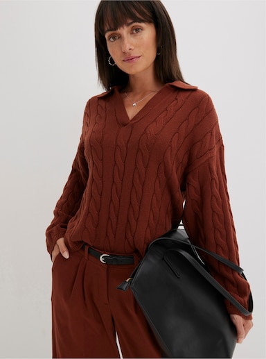 Polopullover im Zopfmuster - dunkelrot