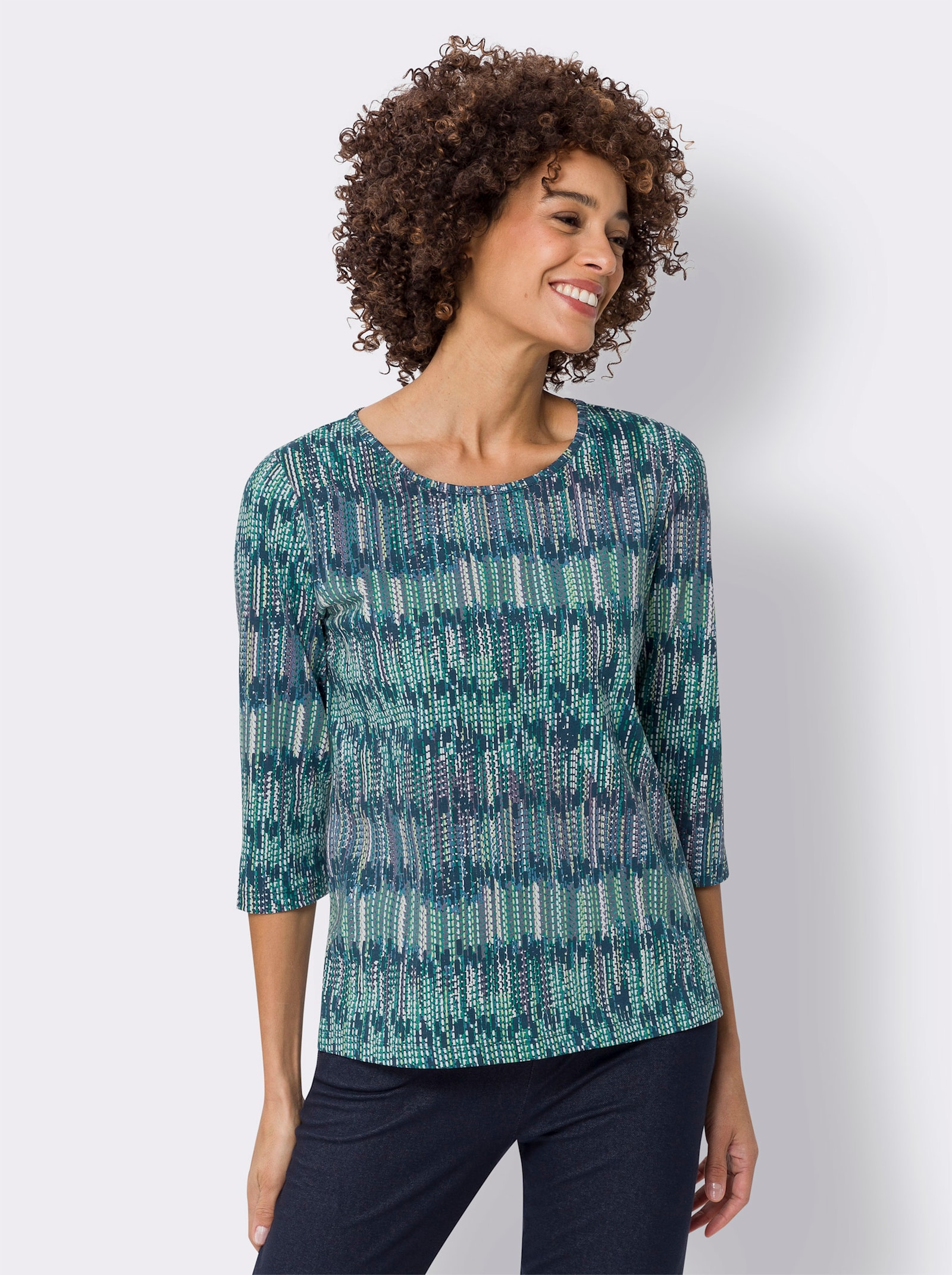 3/4-Arm-Shirt aus Baumwolle, bedruckt - dunkelblau-smaragd-bedruckt