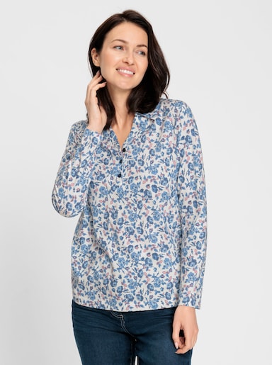 Poloshirt floral bedruckt - ecru-jeansblau-bedruckt