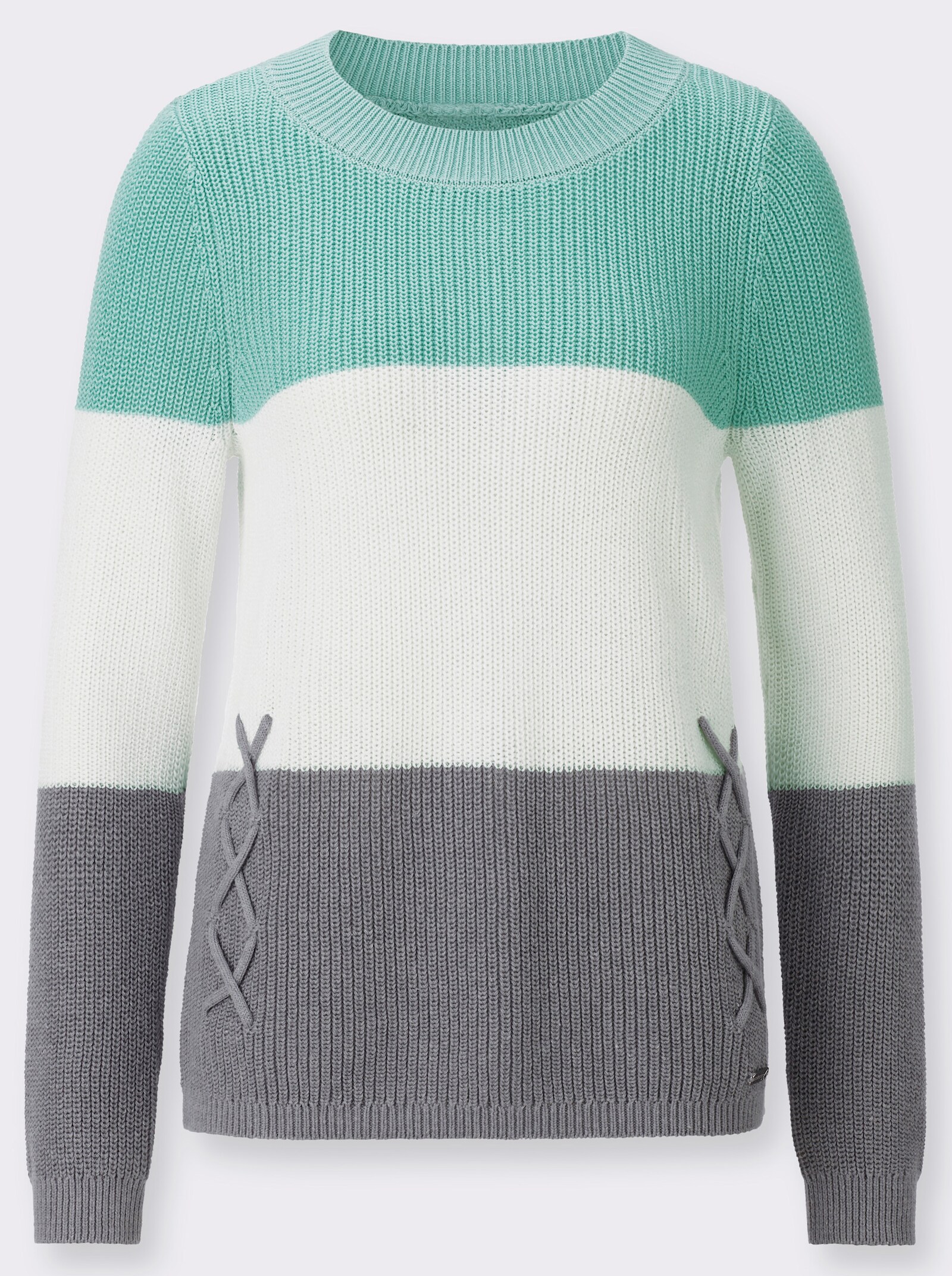 Rundhalspullover mit Strickkordeln - mint-ecru-gemustert