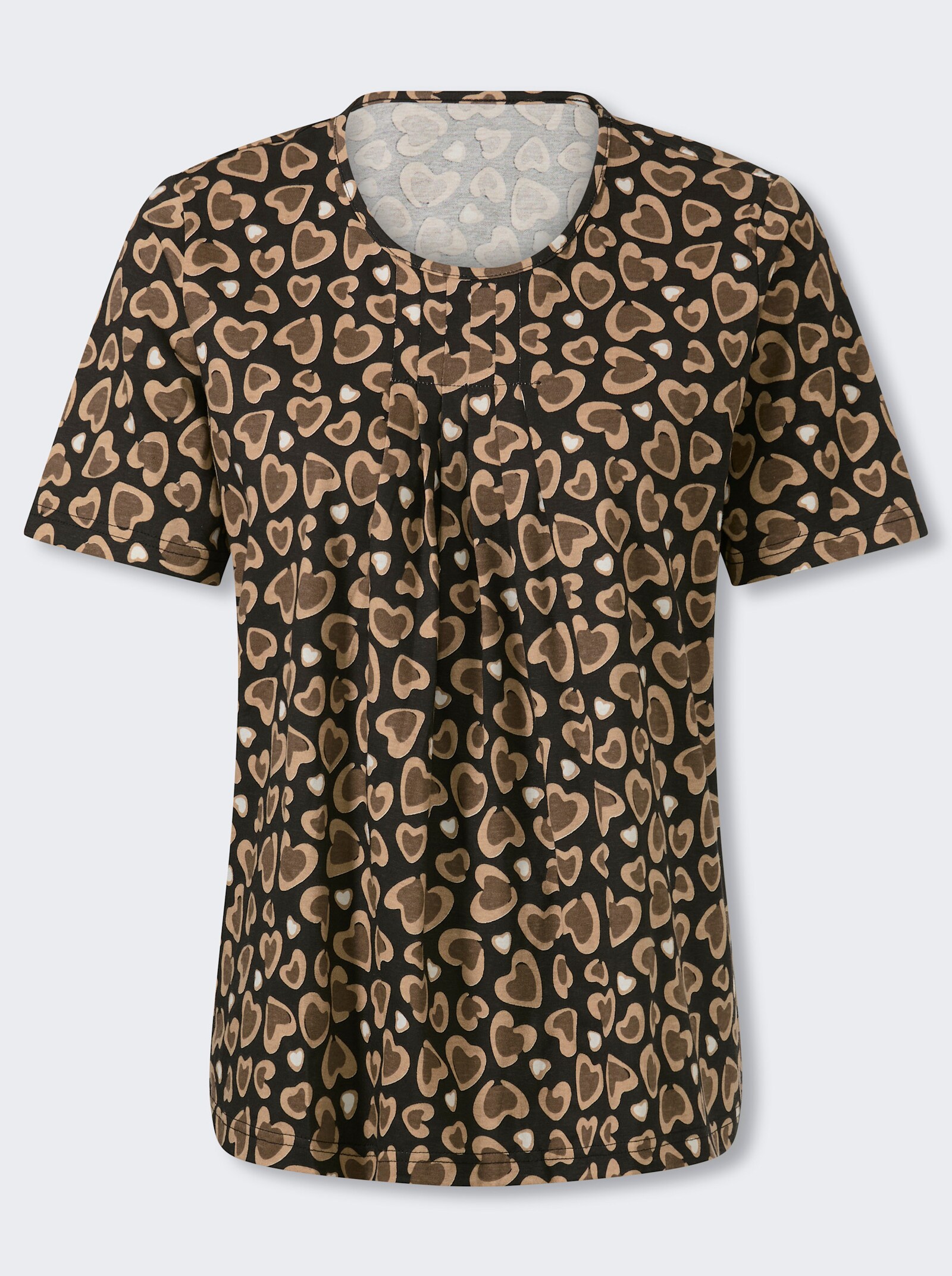 Rundhalsshirt mit Falten am Ausschnitt - schwarz-camel-bedruckt