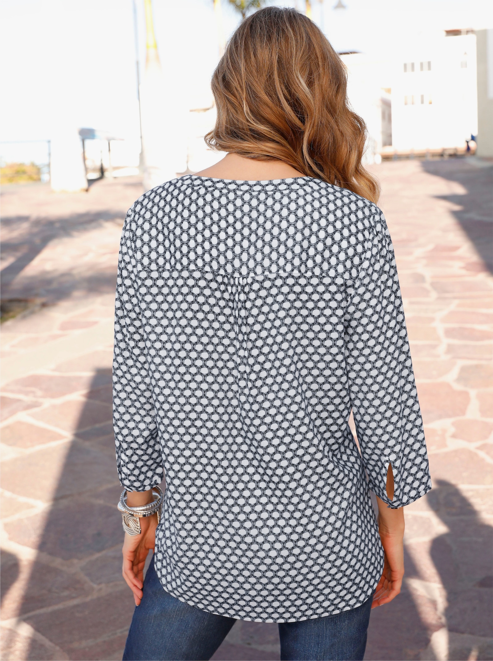 Schlupf-Bluse mit 3/4-Ärmeln - marine-ecru-bedruckt