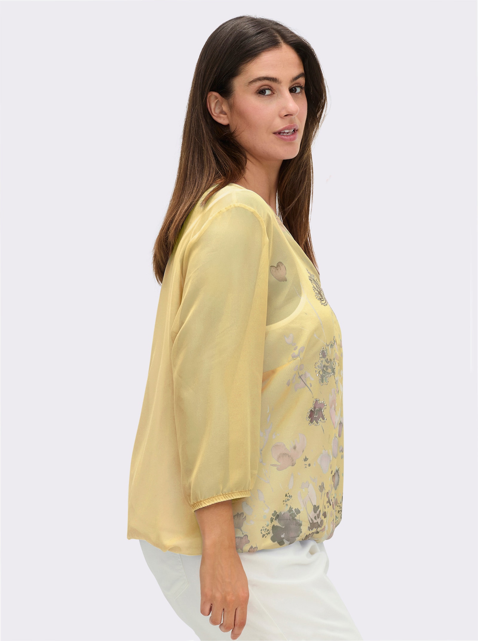 Schlupfbluse mit Spaghetti-Top - gelb-bedruckt