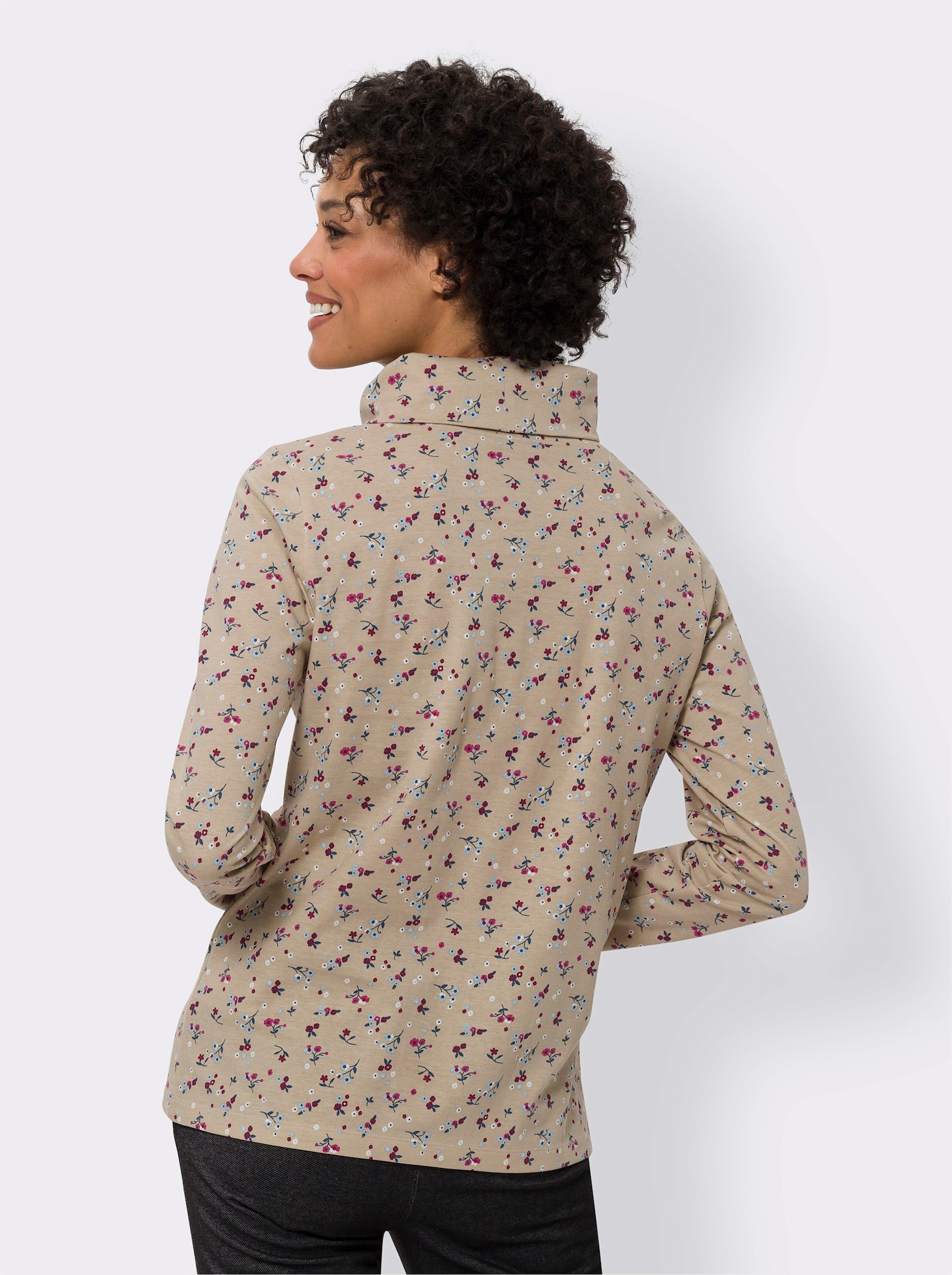 Tričko s rolákem a květinovým vzorem - béžová-ledová modrá-potisk