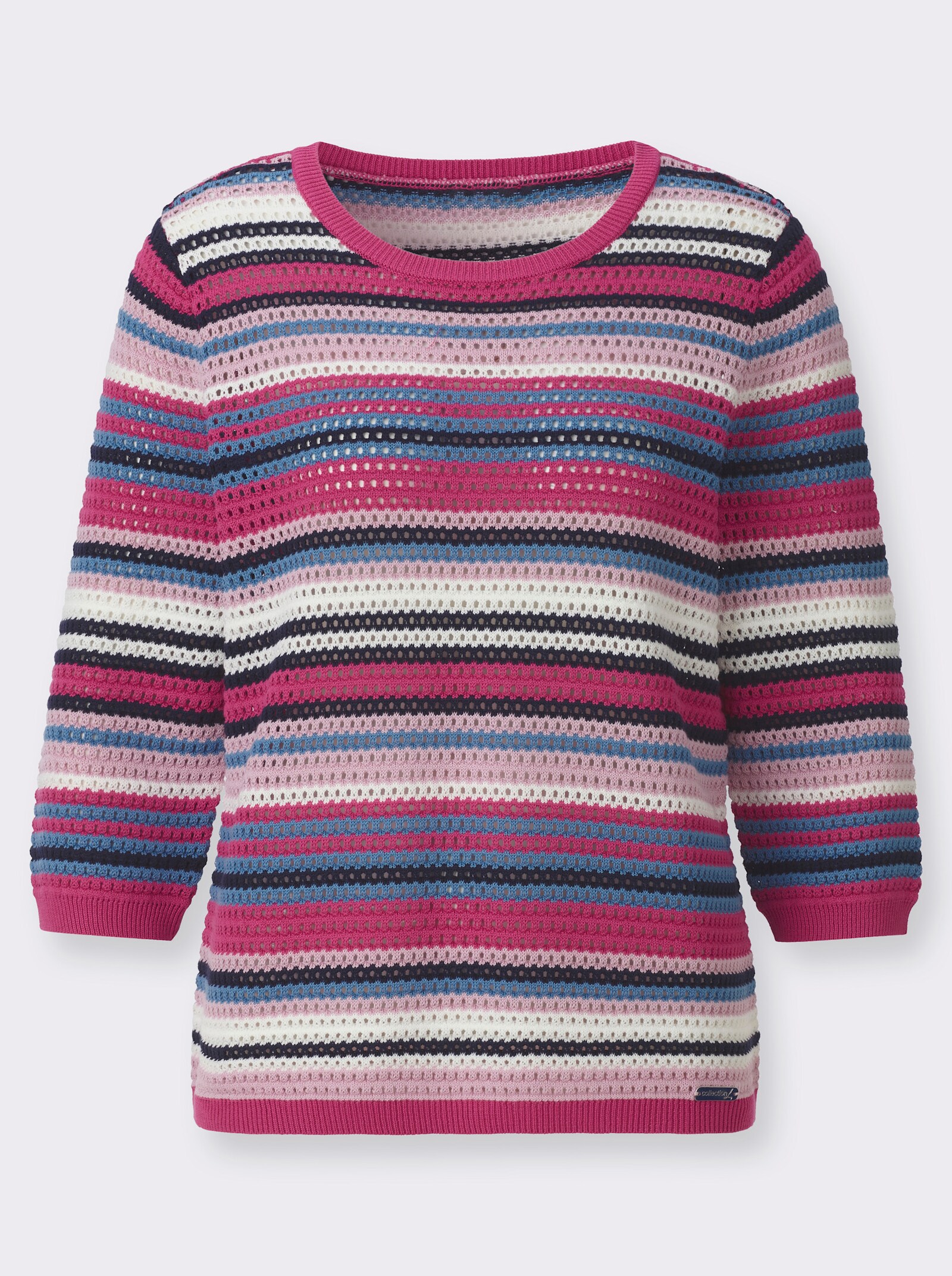 Rundhalspullover in Ajourstrick - fuchsia-ecru-geringelt