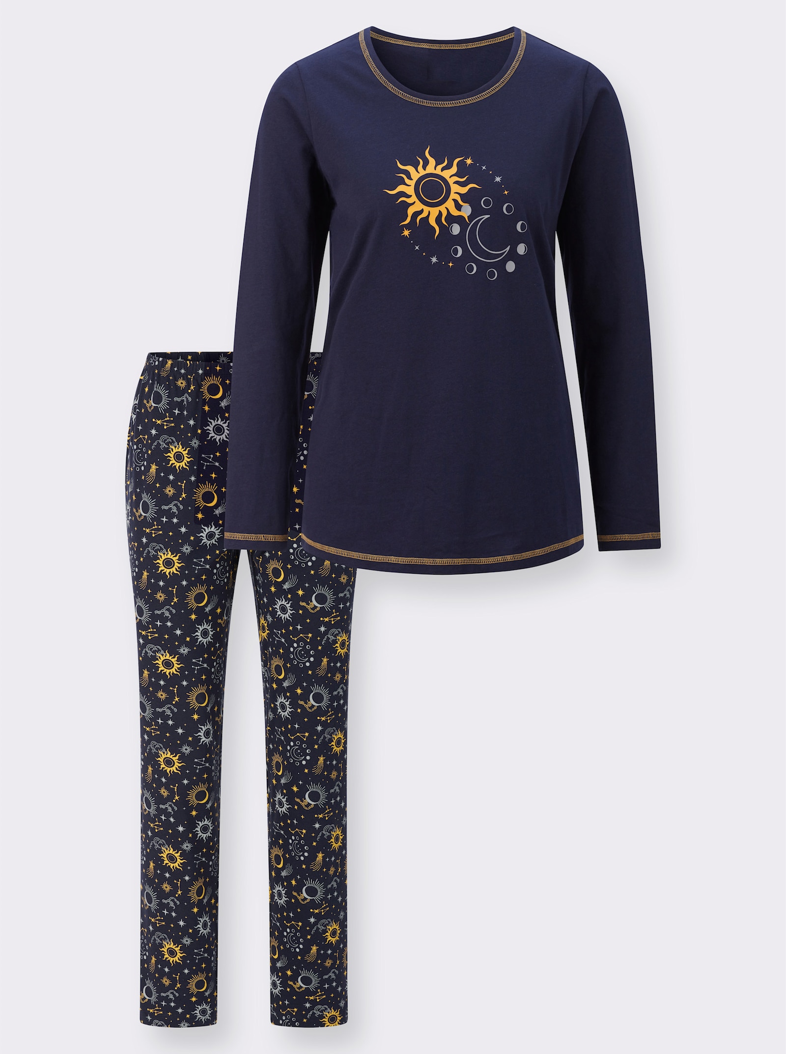Schlafanzug mit Sonne-Mond-Sterne-Druck - marine-ocker-bedruckt