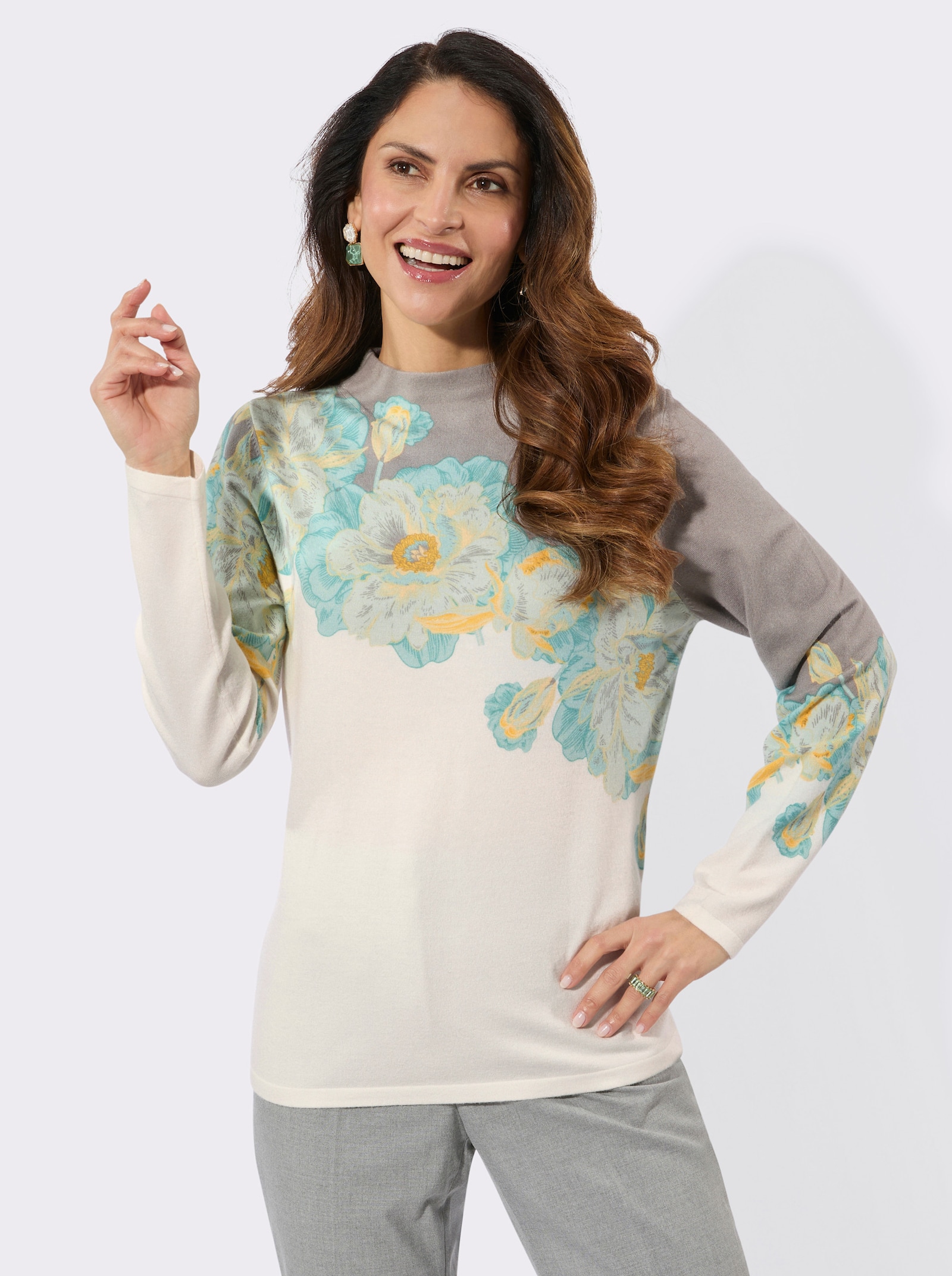 Langarm-Pullover mit Kelchkragen - ecru-salbei-bedruckt