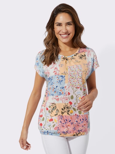 Rundhalsshirt mit elastischem Saum - mint-rosé-bedruckt