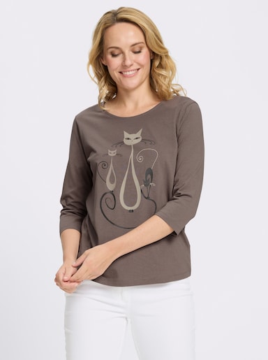 3/4-Arm-Shirt mit Katzen-Druck - dunkeltaupe-graphit-bedruckt