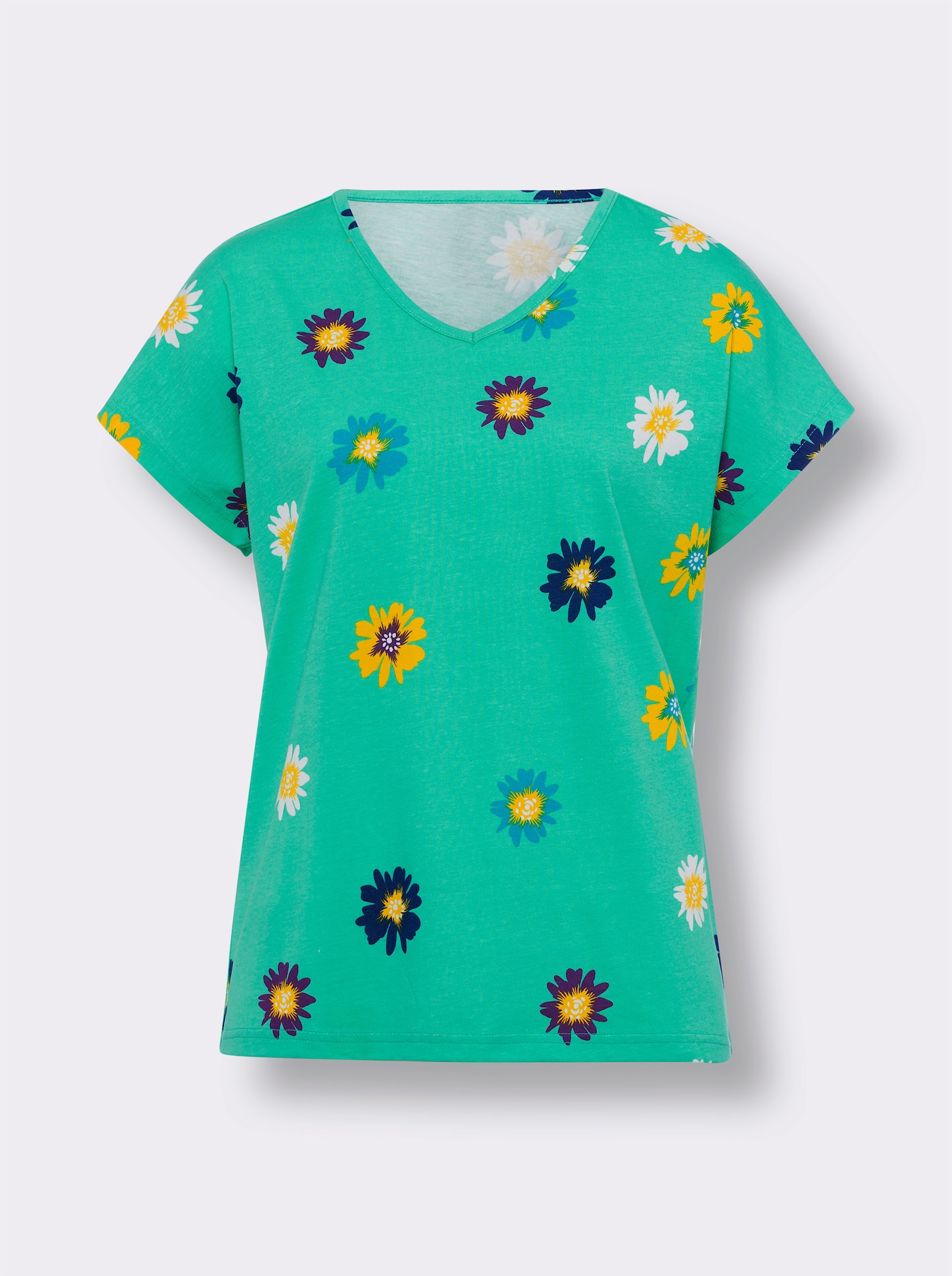 Kurzarmshirt aus Baumwolle, geblümt - blaugrün-weiß-bedruckt
