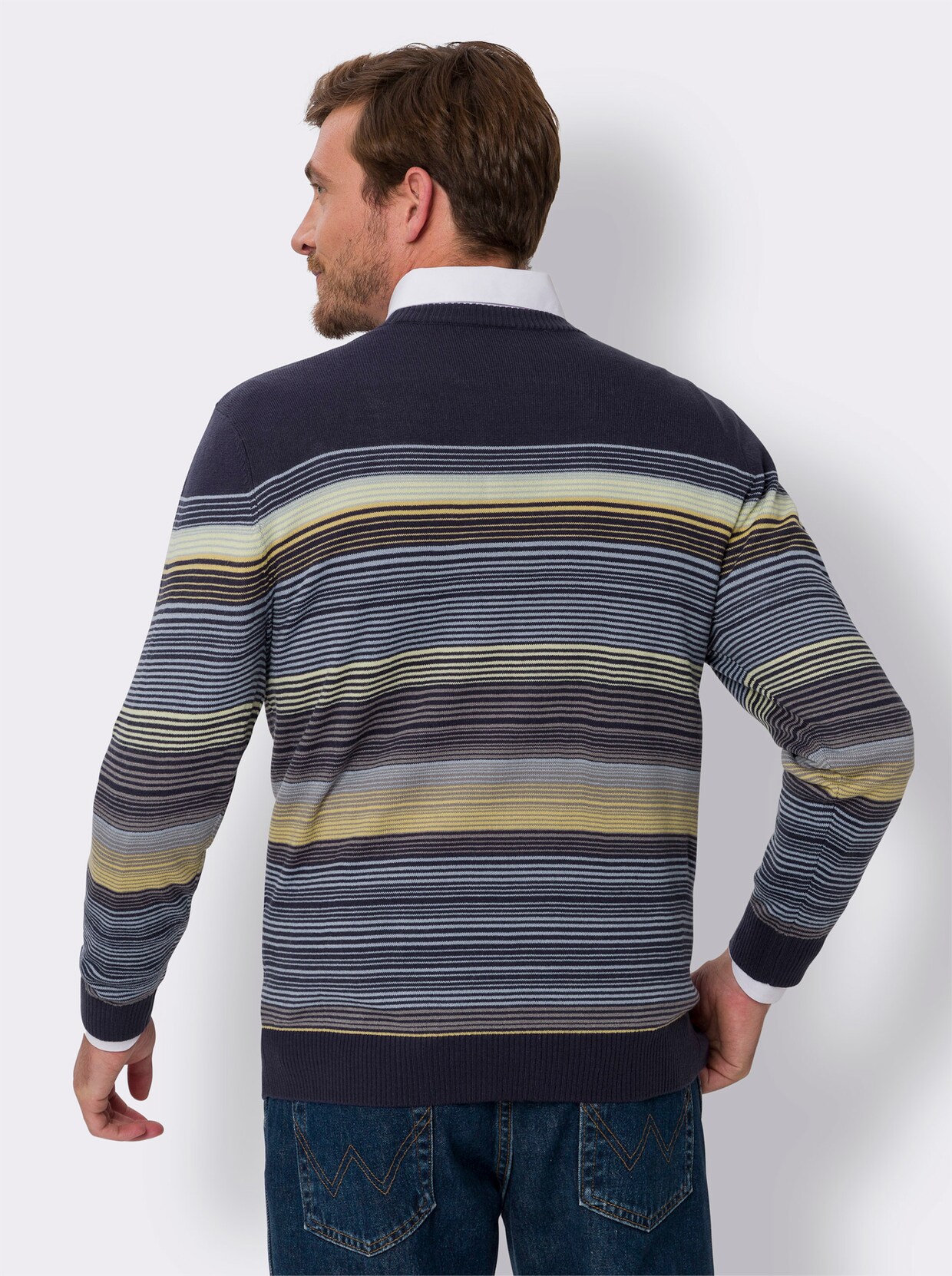 Rundhals-Pullover - marine-gelb-gemustert