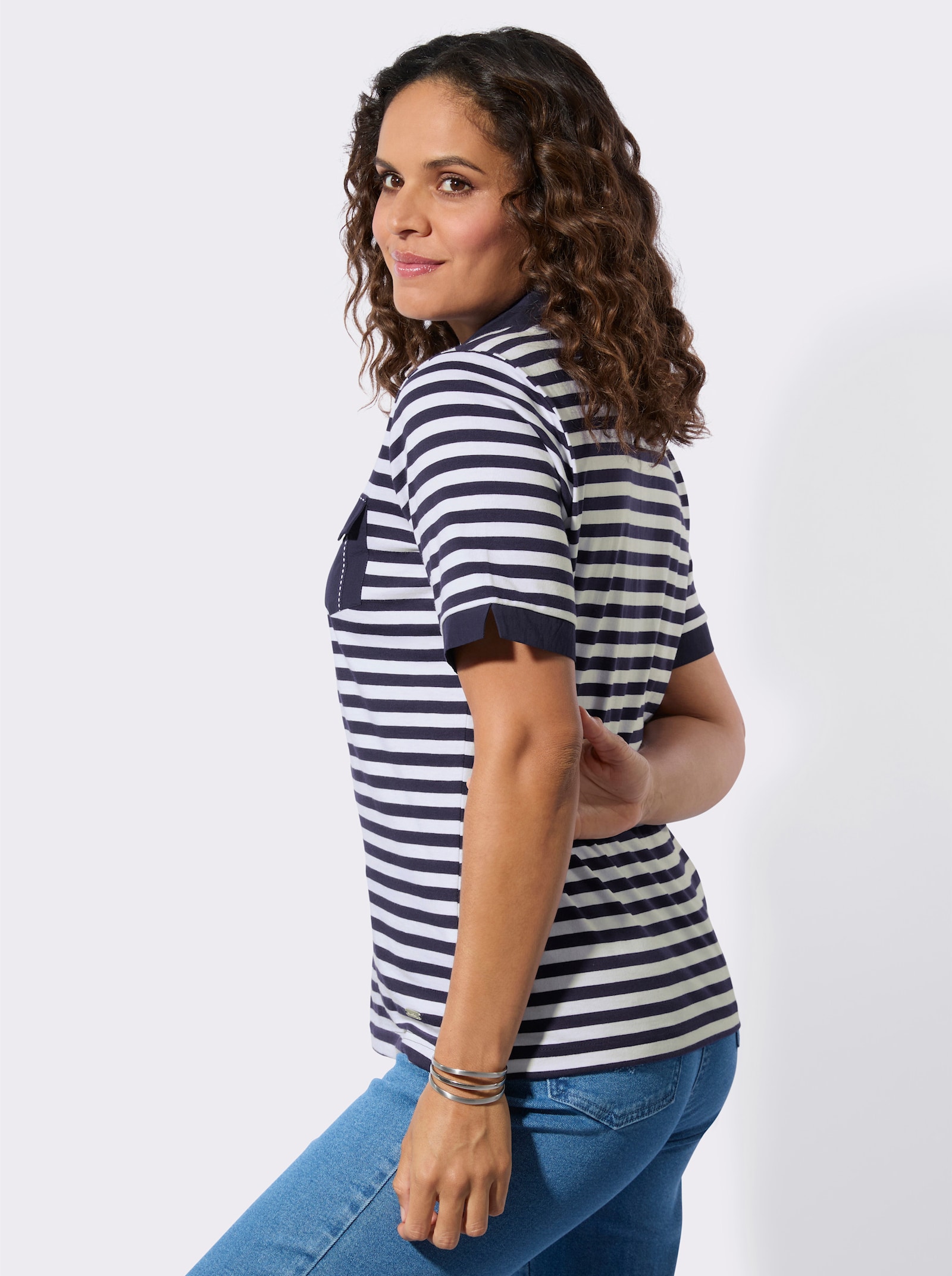 Poloshirt mit Ösen-Verzierung - marine-weiß-geringelt