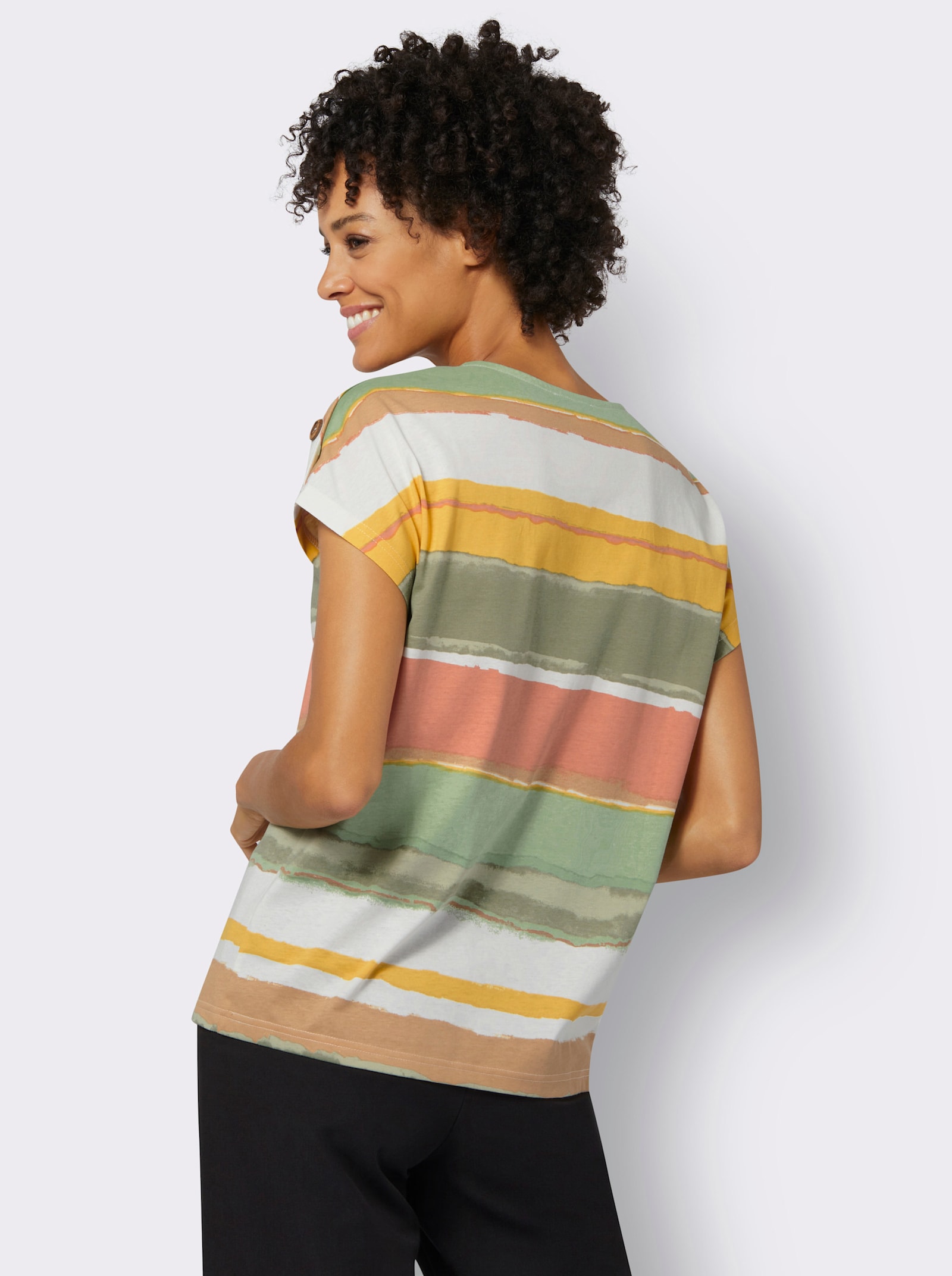 Kortärmad topp, knappar i träimitation - khaki-ecru, med tryck