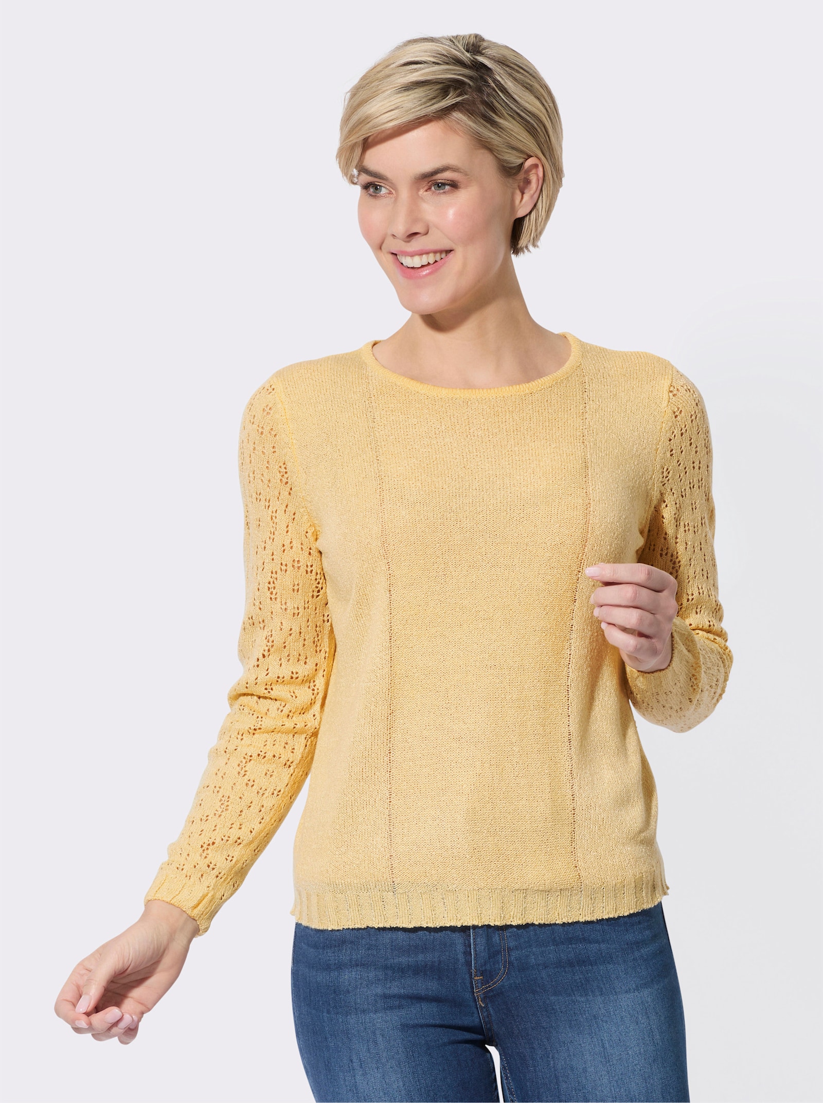 Ajourpullover mit gerippten Abschlüssen - vanille